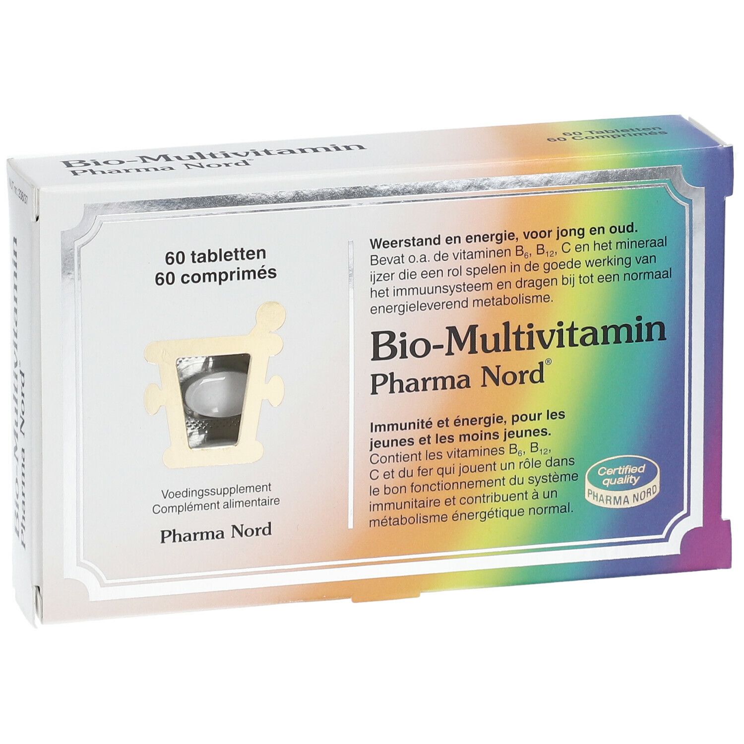Bio-Multivitamin-Packung. Enthält 60 Tabletten. Pharma Nord-Logo und Zertifizierung.