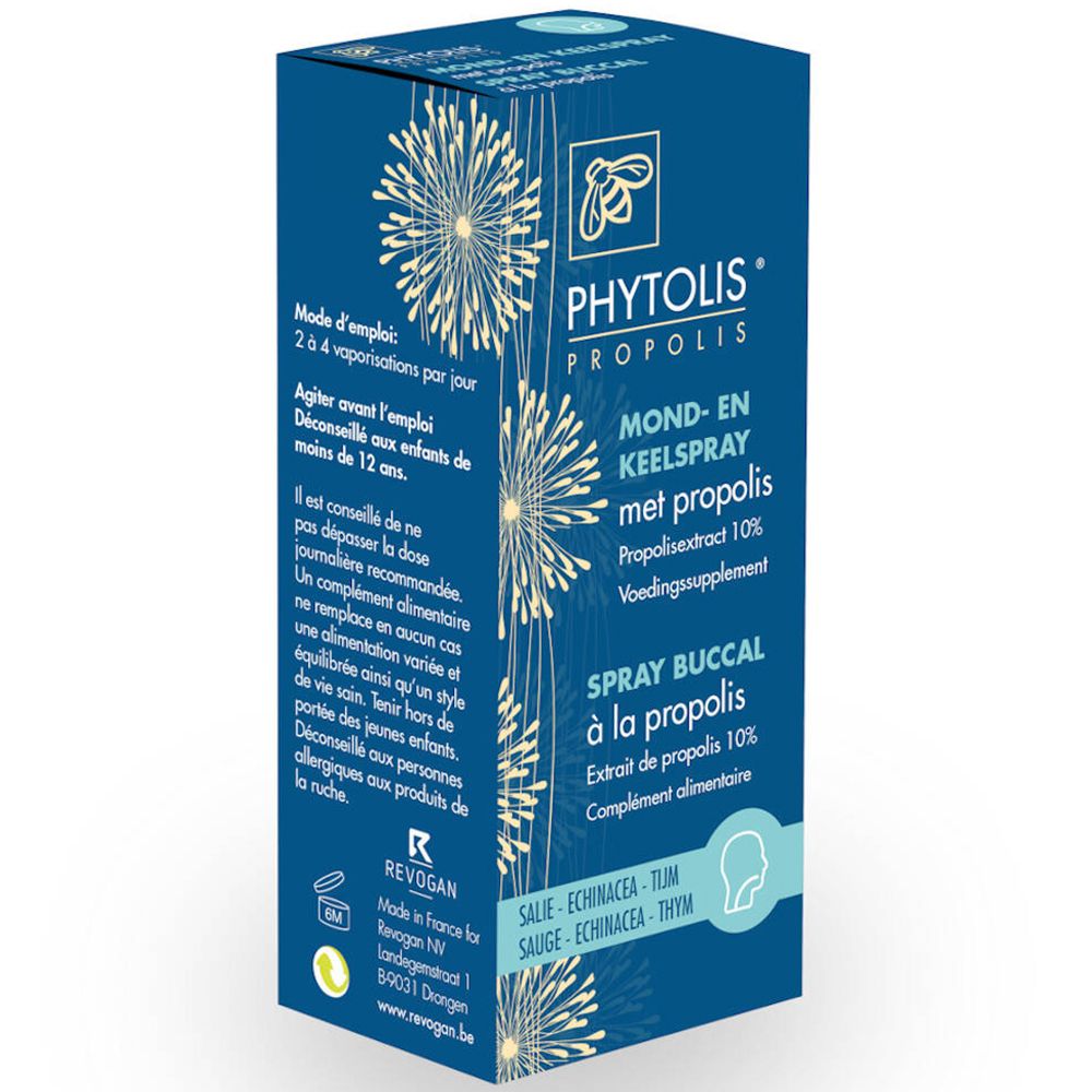 Boîte en carton bleue Phytolis Propolis Spray Buccal. Texte et illustrations. Nom de la marque et du produit clairement visibles.