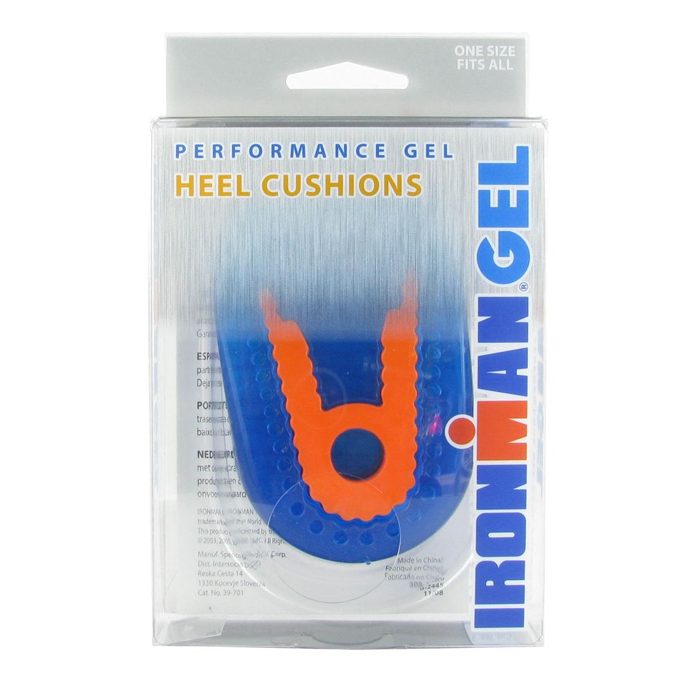 Transparente Verpackung mit blauem Gel-Fersenkissen und orangefarbenem Einsatz. Aufschrift: Ironman Gel, One Size.