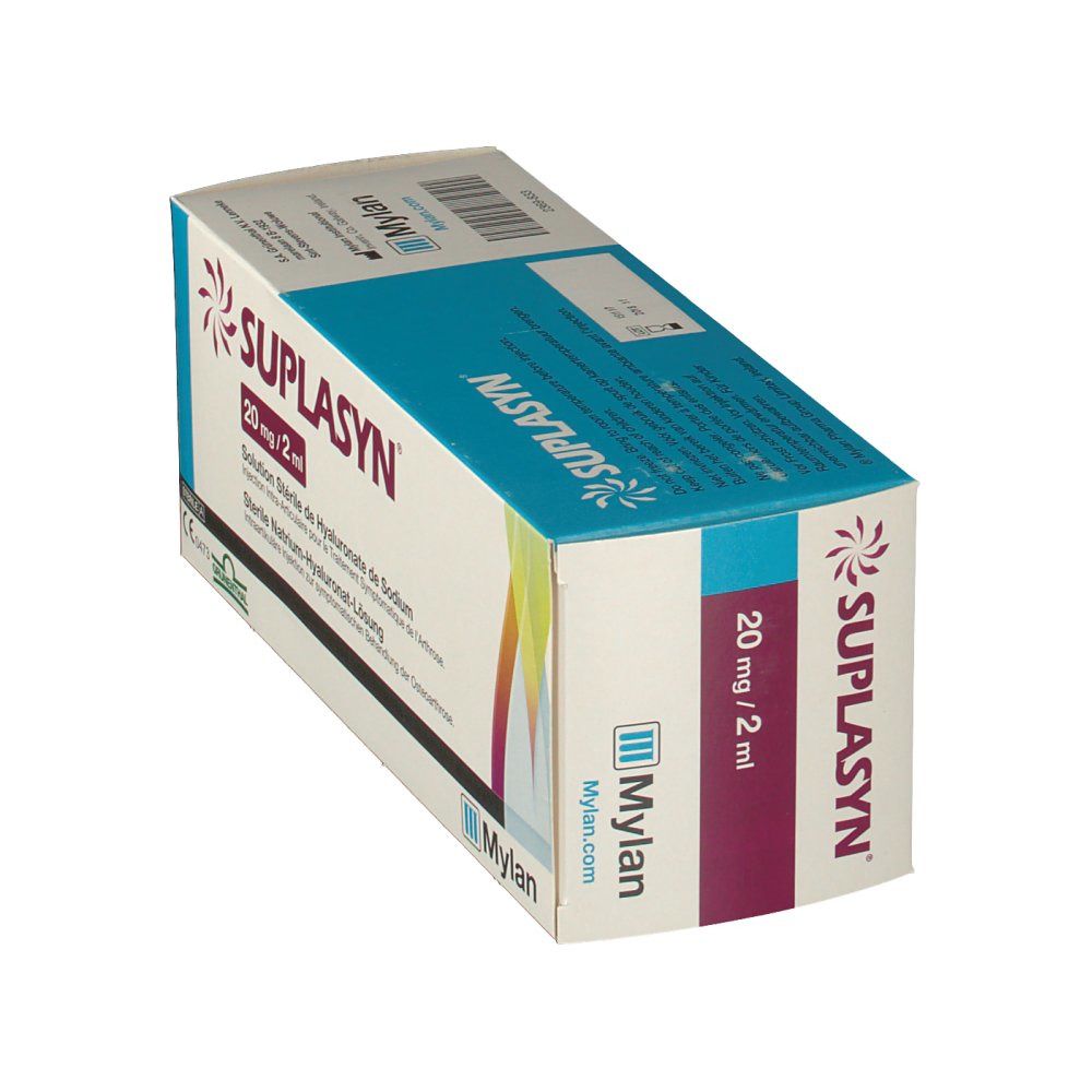 Schräg gestellte Verpackung von Suplasyn. Aufschrift: 20 mg/2 ml, Mylan Logo. Farbverlauf von gelb nach blau.