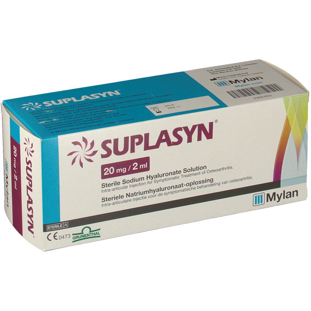 Verpackung von Suplasyn. Aufschrift: 20 mg/2 ml, sterile Natrium-Hyaluronat-Lösung. Mylan Logo.
