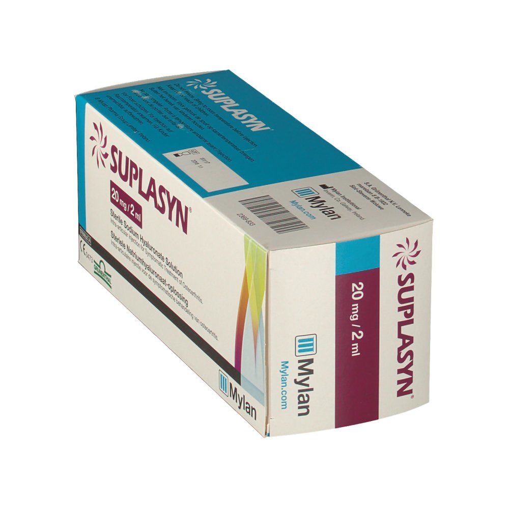 Schräg gestellte Verpackung von Suplasyn. Aufschrift: 20 mg/2 ml, Mylan Logo. Farbverlauf von gelb nach blau.