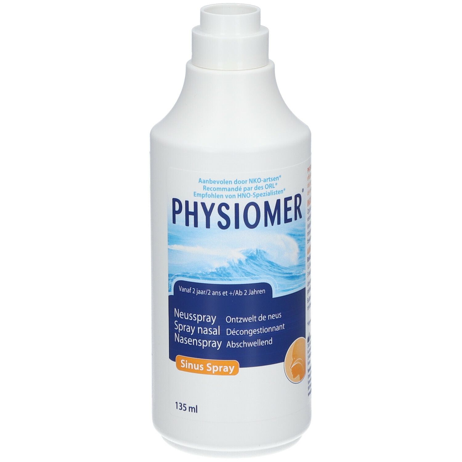 Witte neusspray. Op de spray staat PHYSIOMER, Sinus Spray en 135 ml.