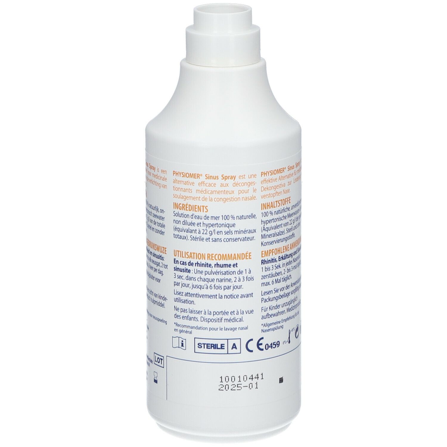 Witte neusspray. Op de spray staat PHYSIOMER, Sinus Spray en 135 ml. Achterkant met tekst.