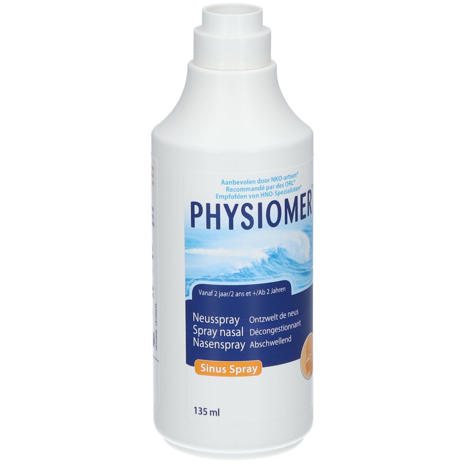 Witte neusspray. Op de spray staat PHYSIOMER, Sinus Spray en 135 ml. Achterkant met tekst.