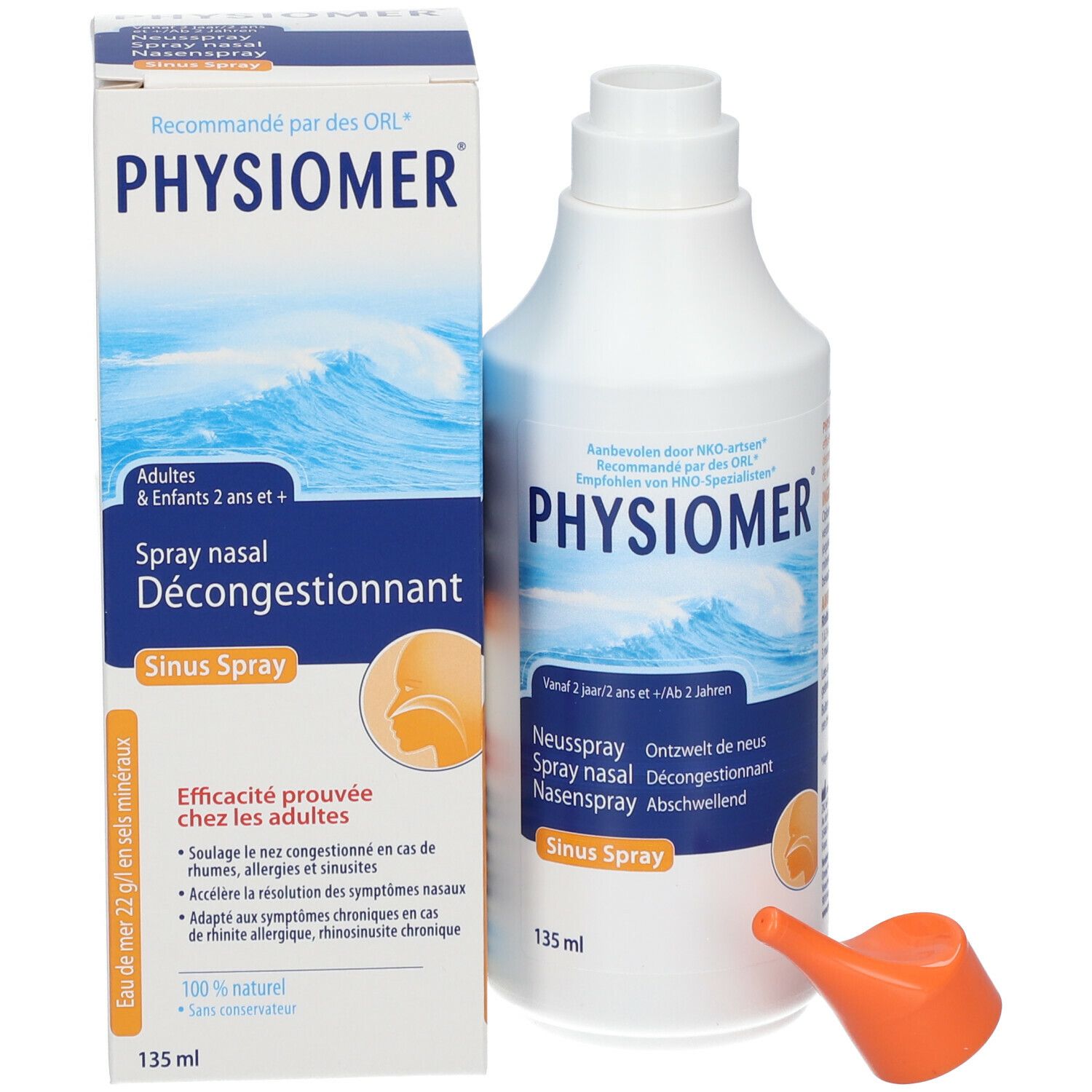 Witte neusspray met oranje sproeikop en verpakking. Op de spray staat PHYSIOMER, Sinus Spray en 135 ml.