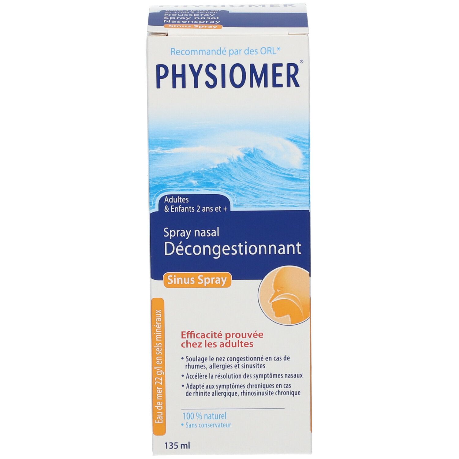 Verpakking met witte neusspray. Op de verpakking staat PHYSIOMER, Spray Nasal Décongestionnant en Sinus Spray.