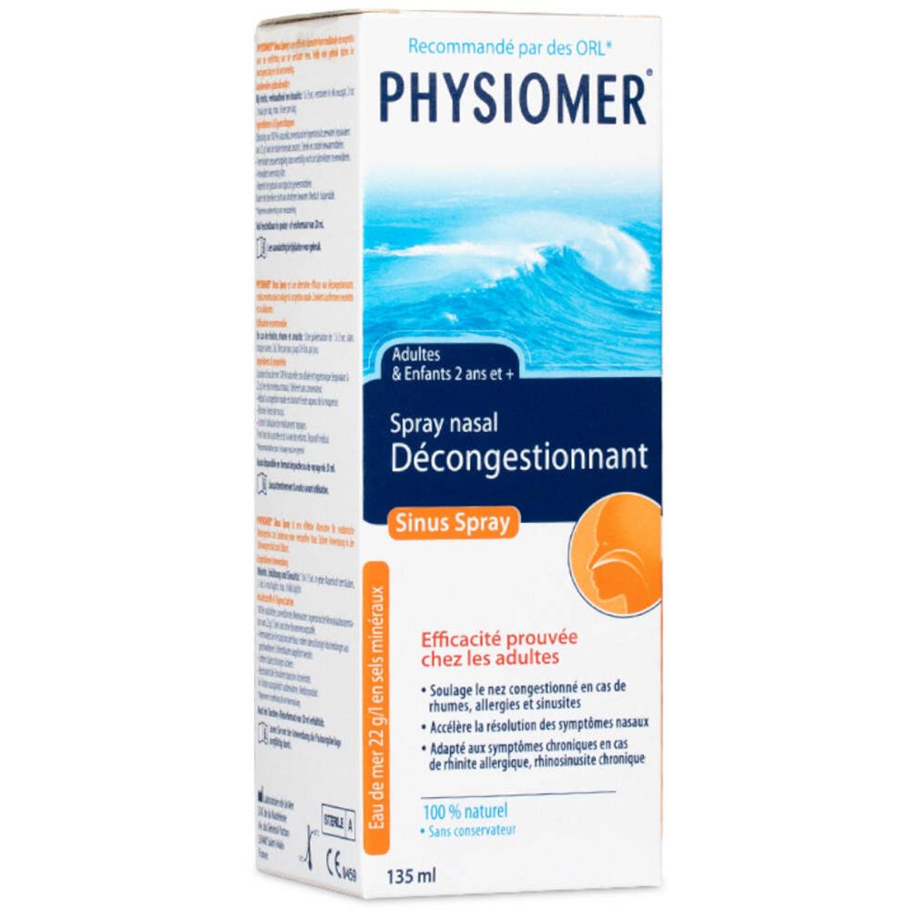 Verpakking met witte neusspray. Op de verpakking staat PHYSIOMER, Spray Nasal Décongestionnant en Sinus Spray.