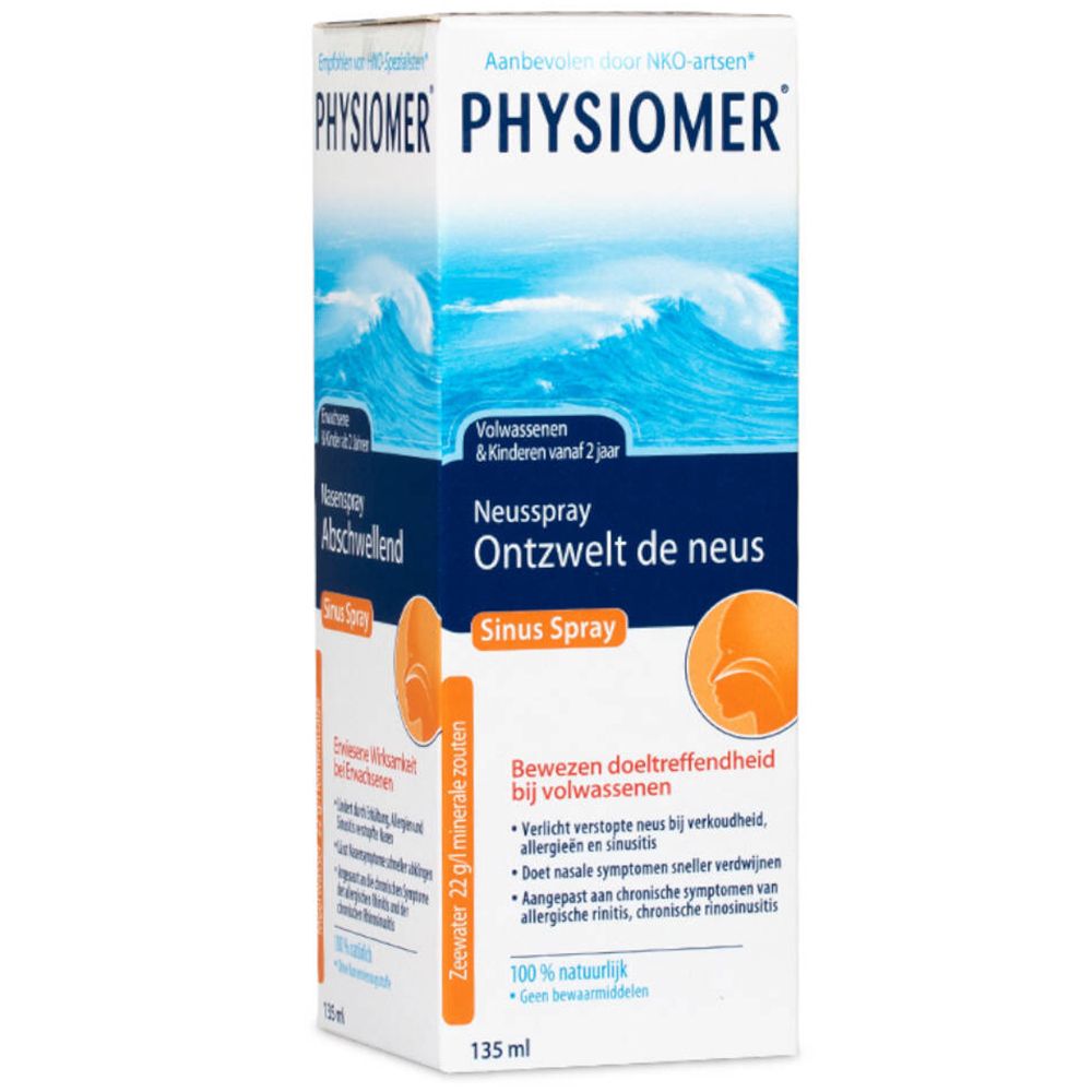 Verpakking met witte neusspray. Op de verpakking staat PHYSIOMER, Neusspray Ontzwelt de neus en Sinus Spray.