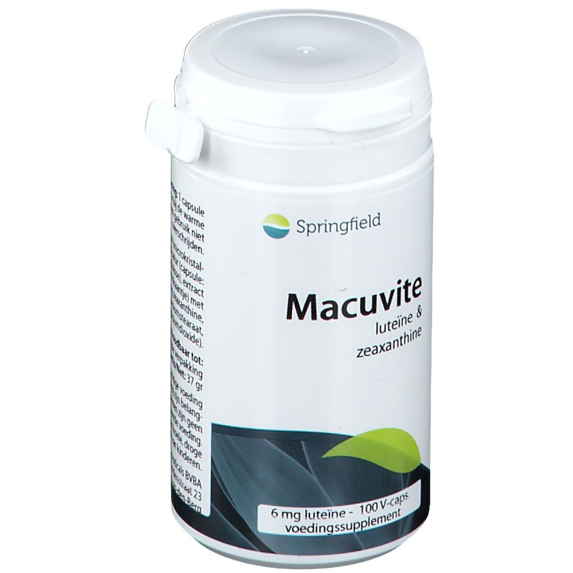 Boîte blanche avec couvercle. Inscription: Macuvite Lutein & Zeaxanthin. 6 mg Luteine, 100 V-Caps. Marque Springfield.