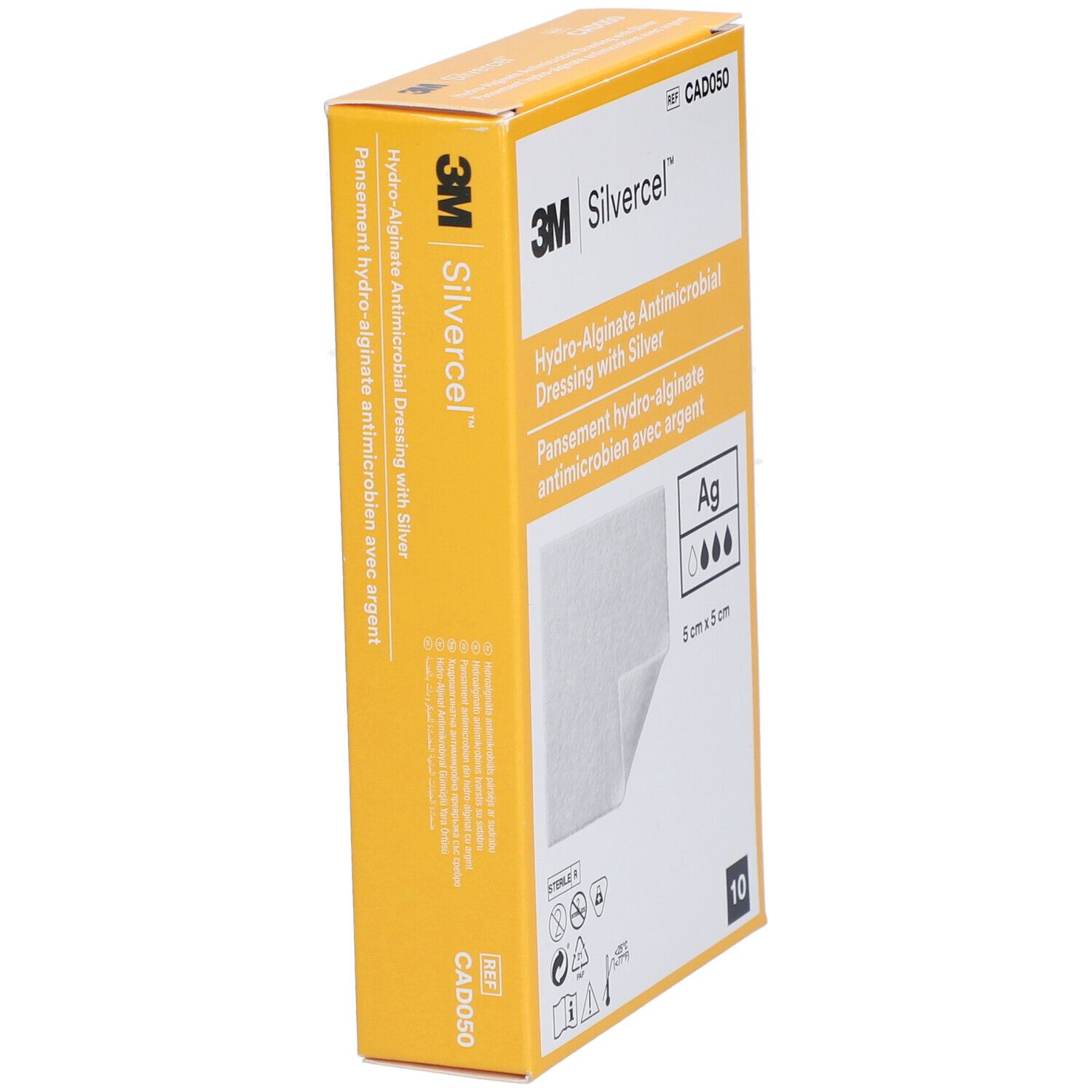 Boîte de pansements Silvercel. Boîte jaune avec informations produit. Inscriptions : 3M, Silvercel, CAD050. Contient 10 pièces.