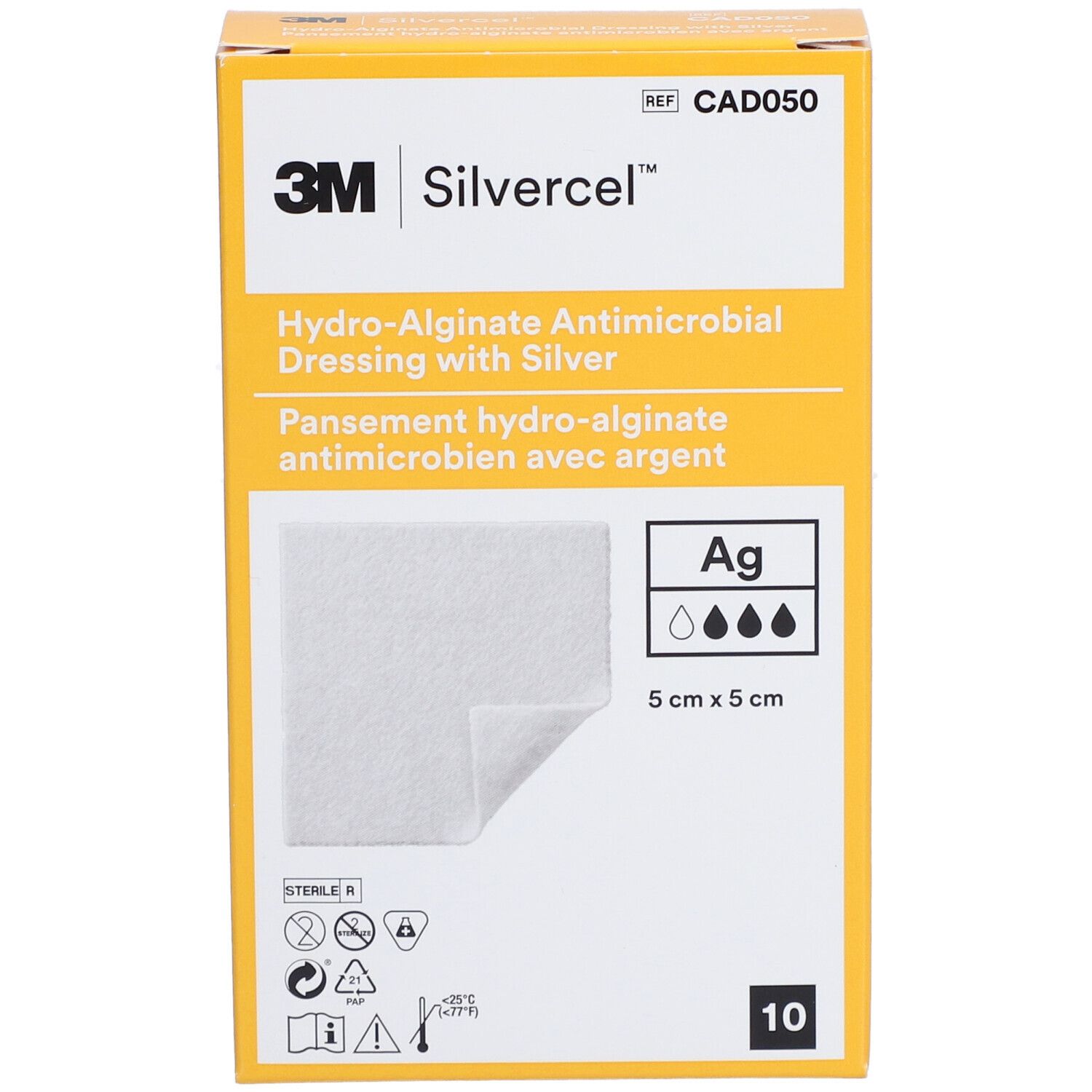 Pansement Silvercel 5 x 5 cm, antimicrobien avec argent. Boîte de 10. Inscriptions : 3M, CAD050, stérile.
