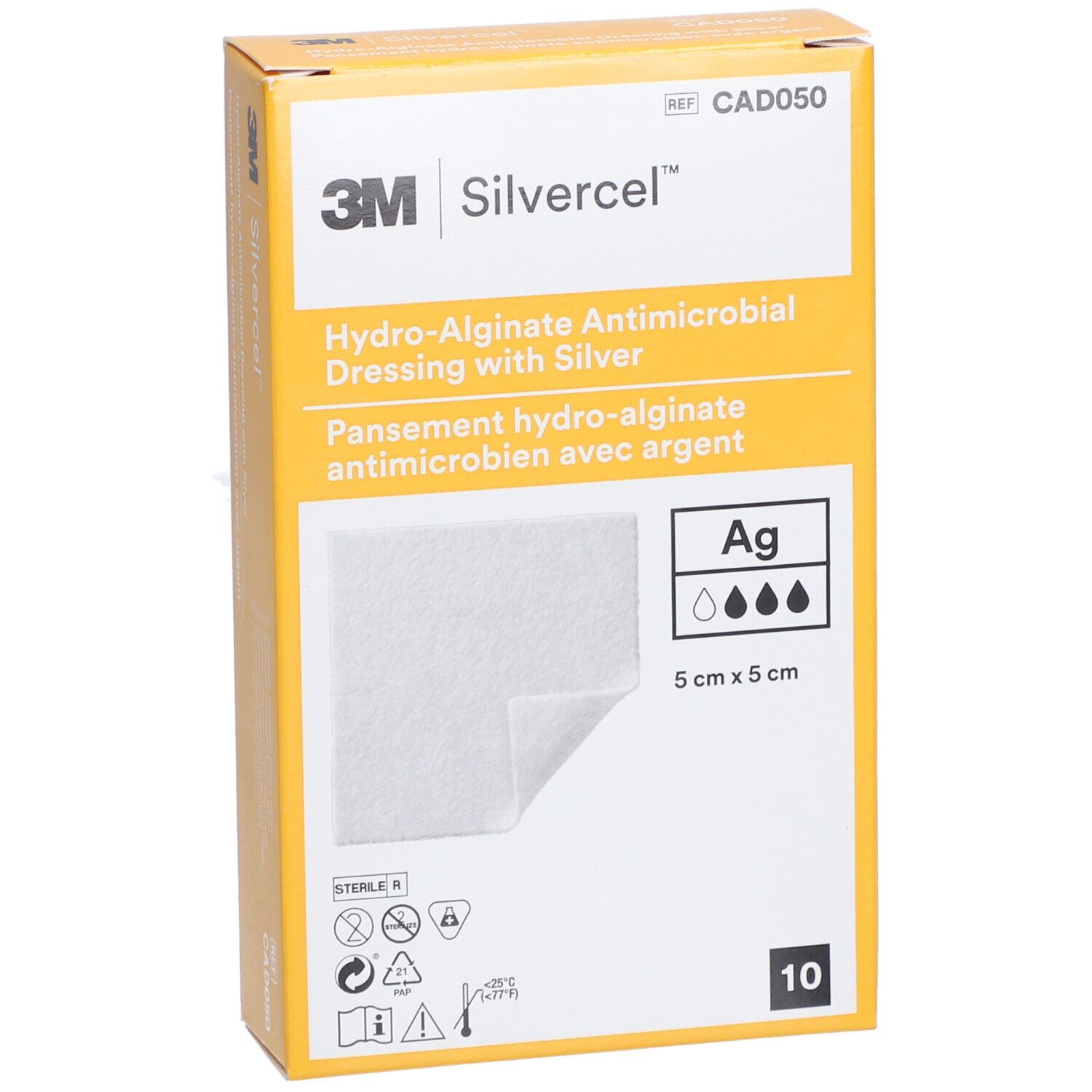Boîte de pansements Silvercel. Boîte jaune avec informations produit. Inscriptions : 3M, Silvercel, CAD050. Contient 10 pièces.