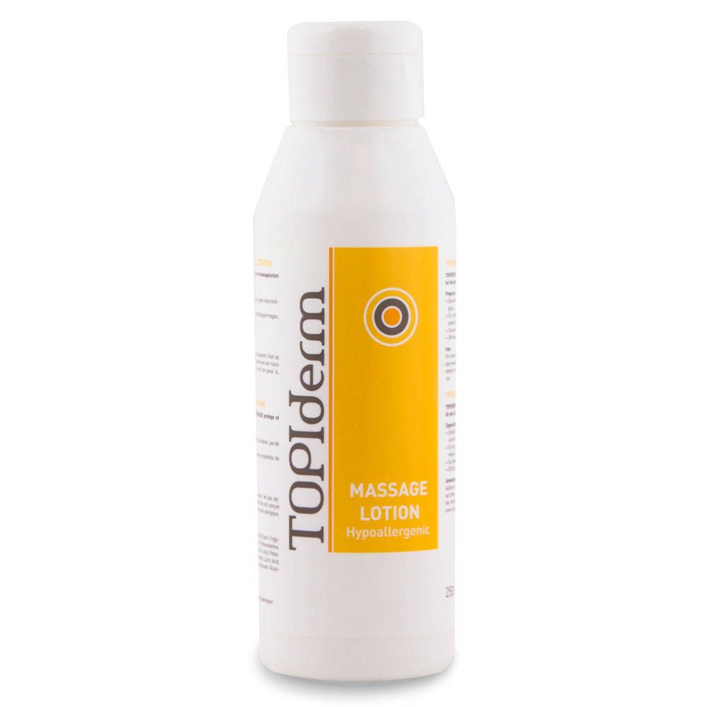 Flacon blanc avec étiquette jaune. Inscription: TOPiderm, Massage Lotion, Hypoallergénique.