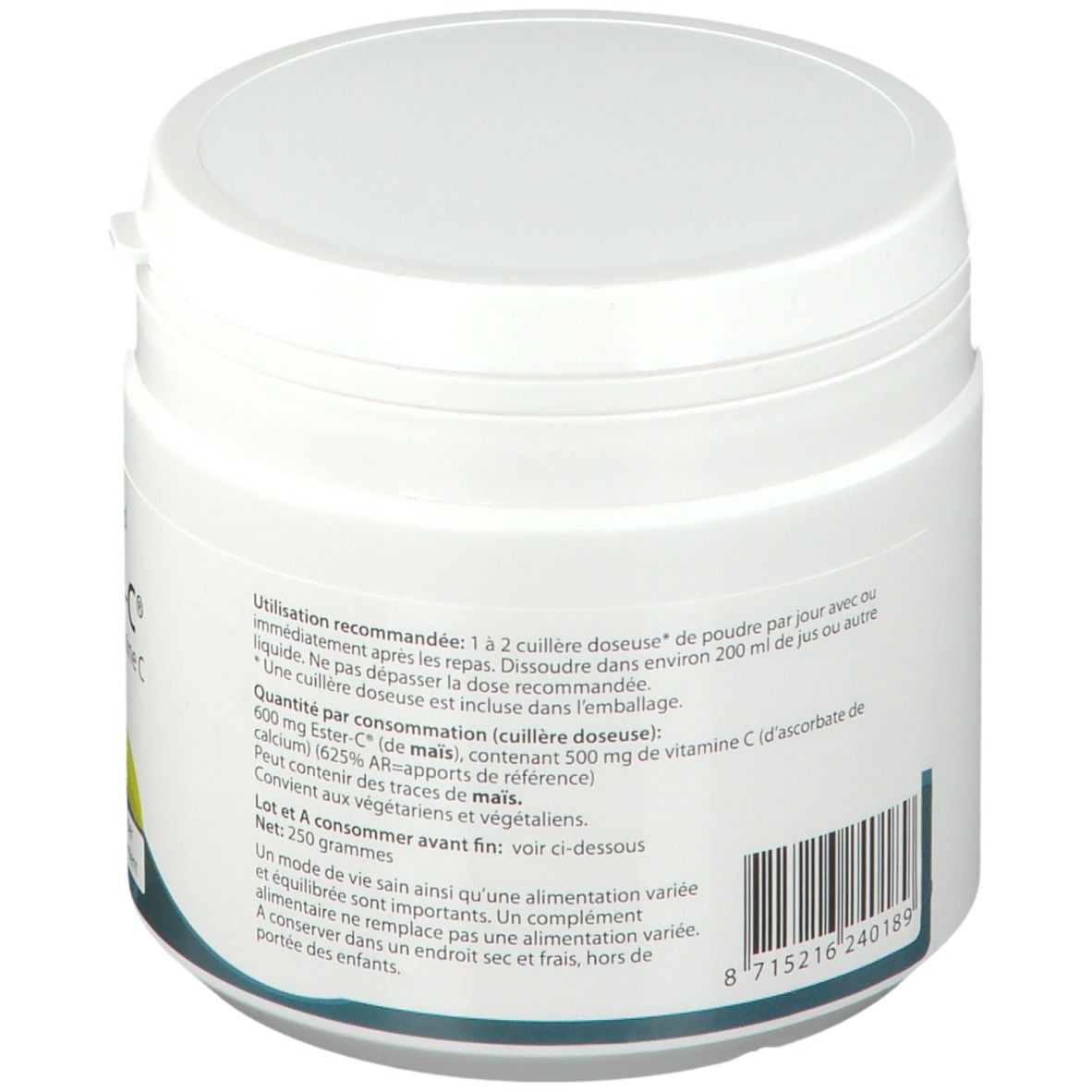 Witte pot met deksel. Achterkant met tekst en barcode. Bevat 250 gram. Ingrediënten: 600 mg Ester-C®.