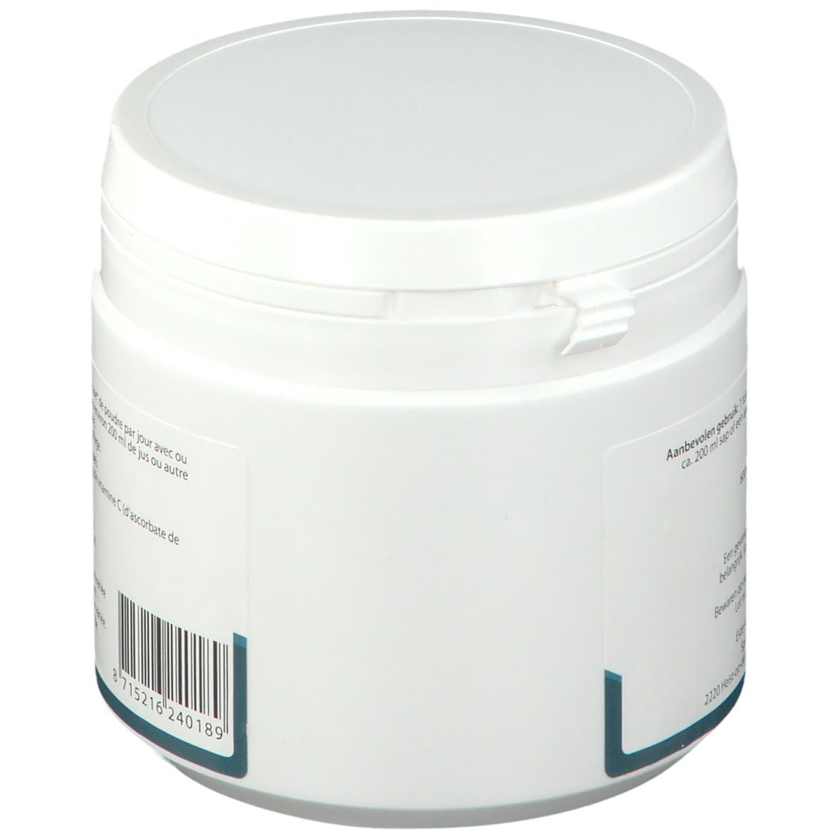 Witte pot met deksel. Achterkant met tekst en barcode. Bevat 250 gram. Ingrediënten: 600 mg Ester-C®.