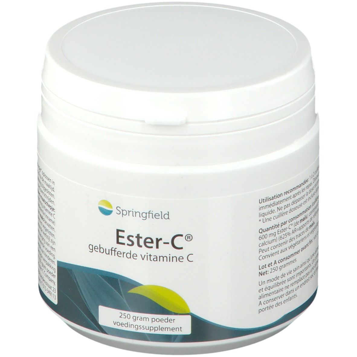 Witte pot met deksel. Opschrift: Ester-C® gebufferde vitamine C. 250 gram poeder voedingssupplement.