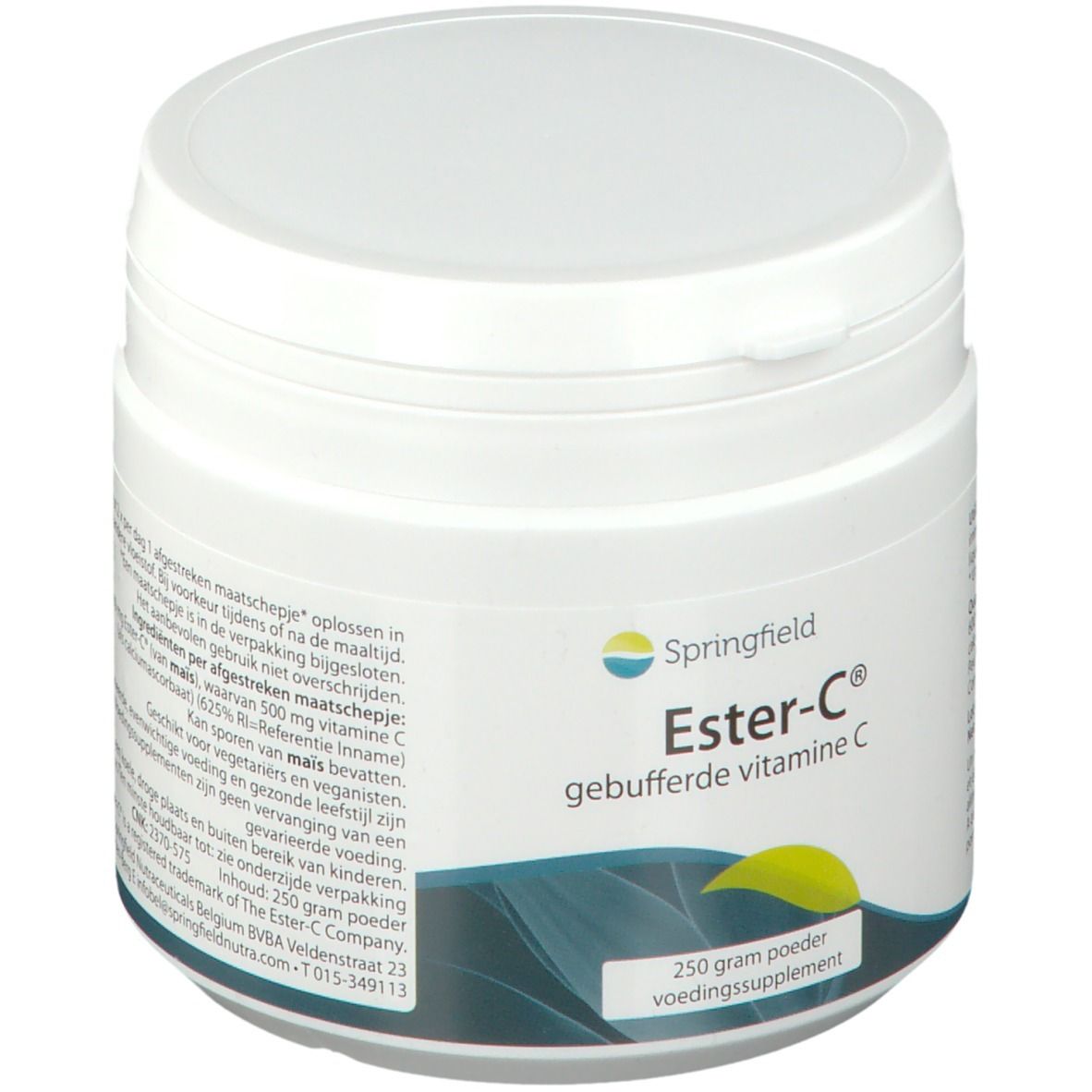 Witte pot met deksel. Opschrift: Ester-C® gebufferde vitamine C. 250 gram poeder voedingssupplement.