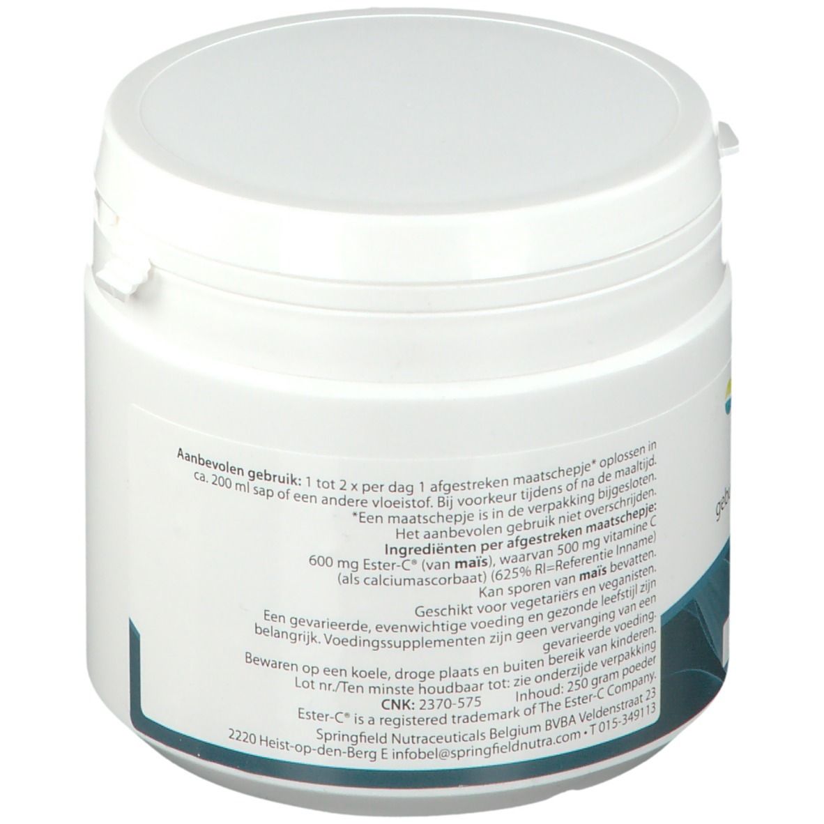Witte pot met deksel. Achterkant met tekst. Bevat 250 gram. Ingrediënten: 600 mg Ester-C®.