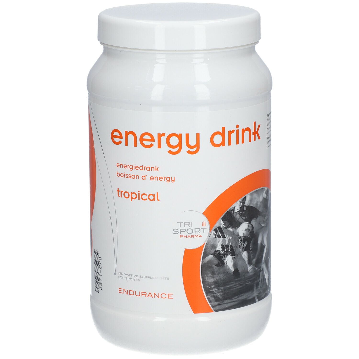 Wit poeder voor energie drank. Opschrift: energy drink, tropical. Logo: Tri Sport Pharma. Oranje accenten.