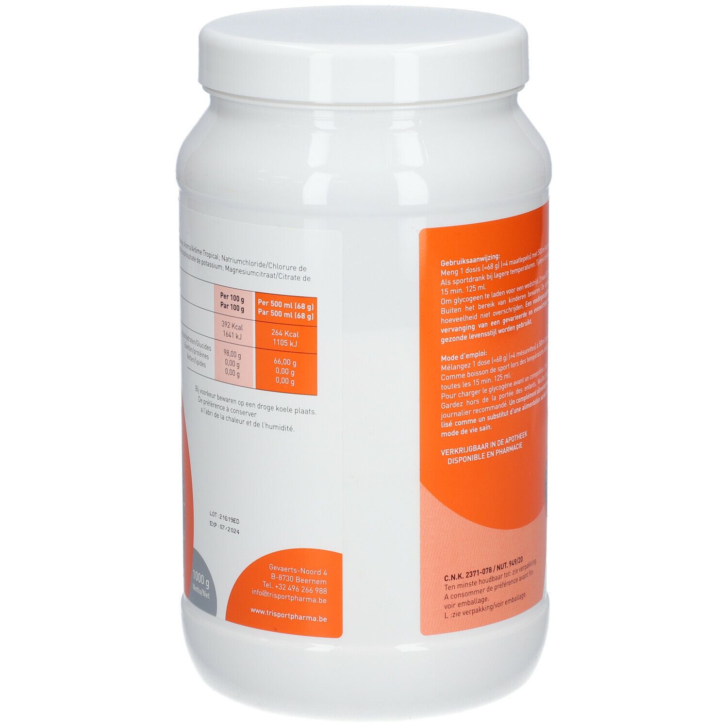Witte pot met energie drank. Voedingswaarde en contactgegevens. Oranje achtergrond.