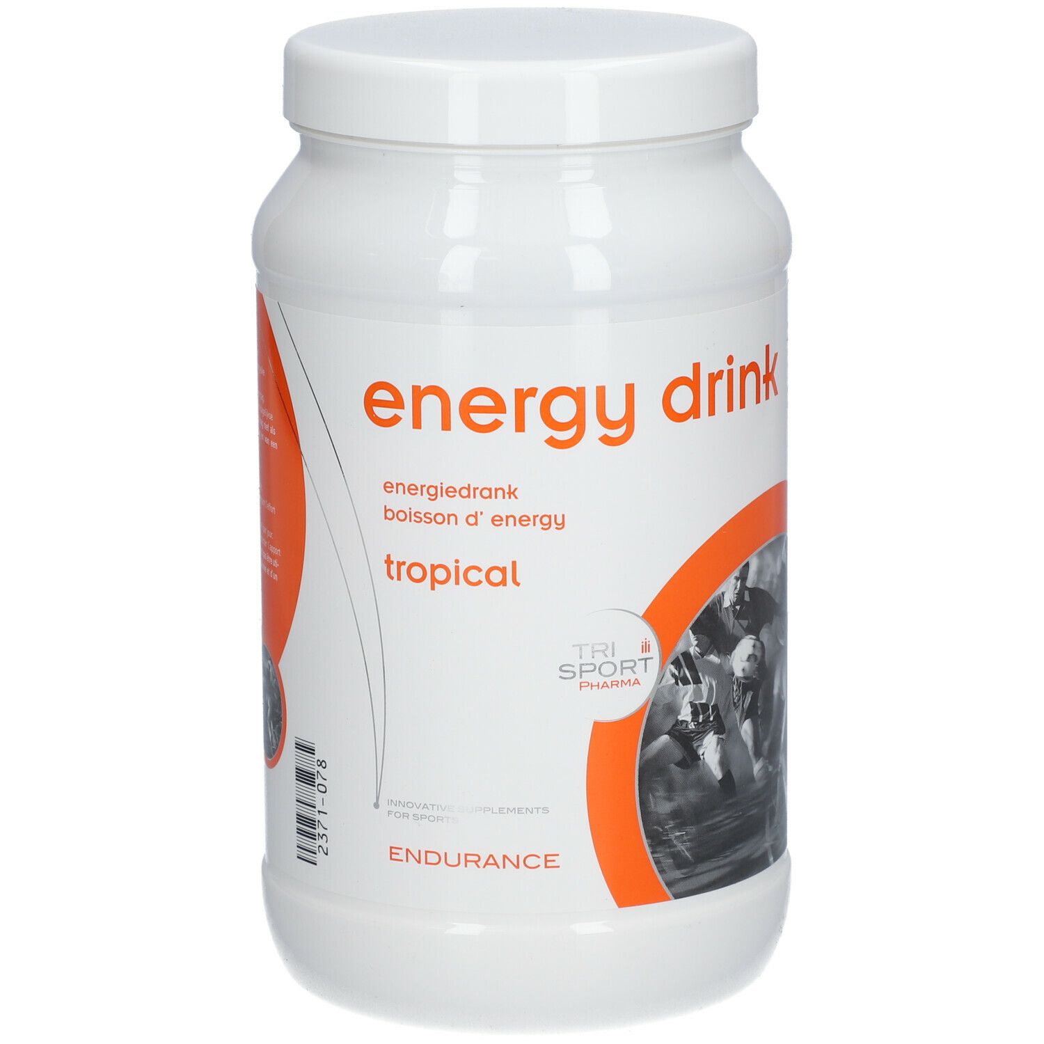 Witte pot met energie drank. Opschrift: energy drink, tropical. Logo: Tri Sport Pharma. Oranje accenten.