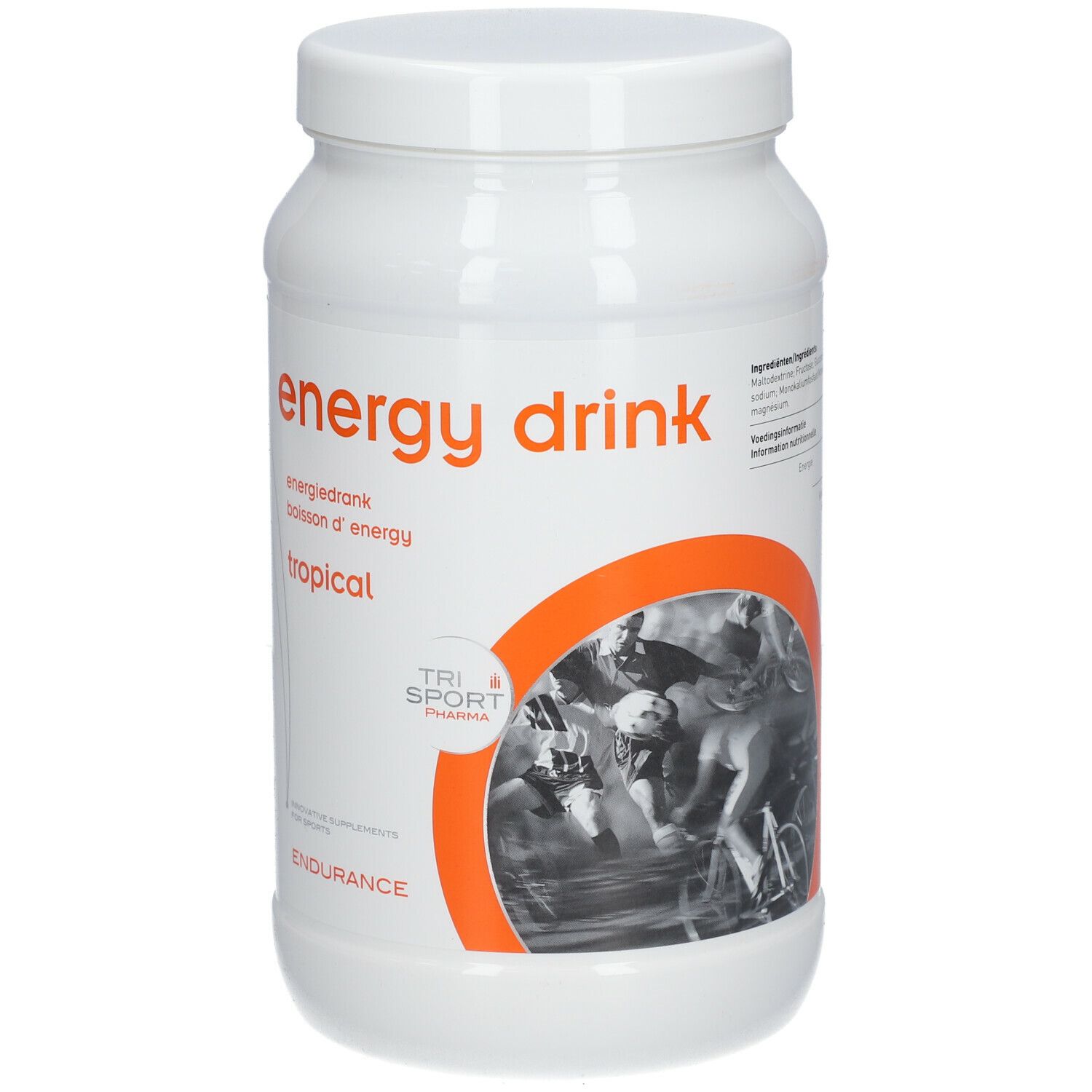 Witte pot met energie drank. Opschrift: energy drink, tropical. Logo: Tri Sport Pharma. Oranje accenten.