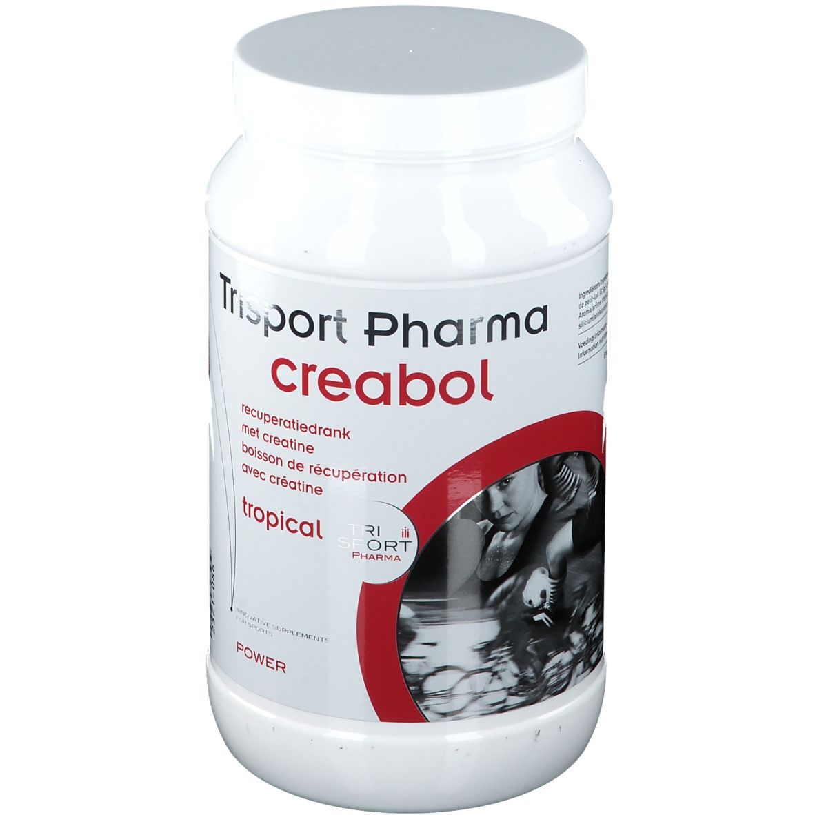 Poudre blanche Trisport Pharma creabol en pot. Accent rouge avec image. Texte: recuperatiedrank, met creatine, tropical.