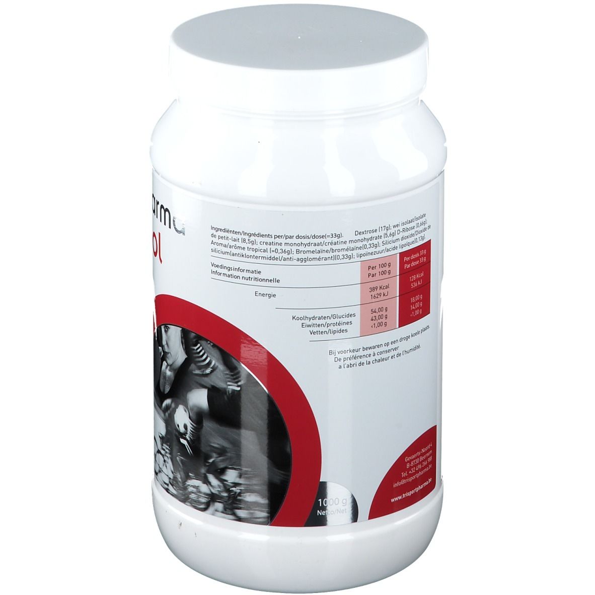 Dos du pot blanc avec Trisport Pharma creabol. Texte avec informations nutritionnelles et ingrédients. Accent rouge.