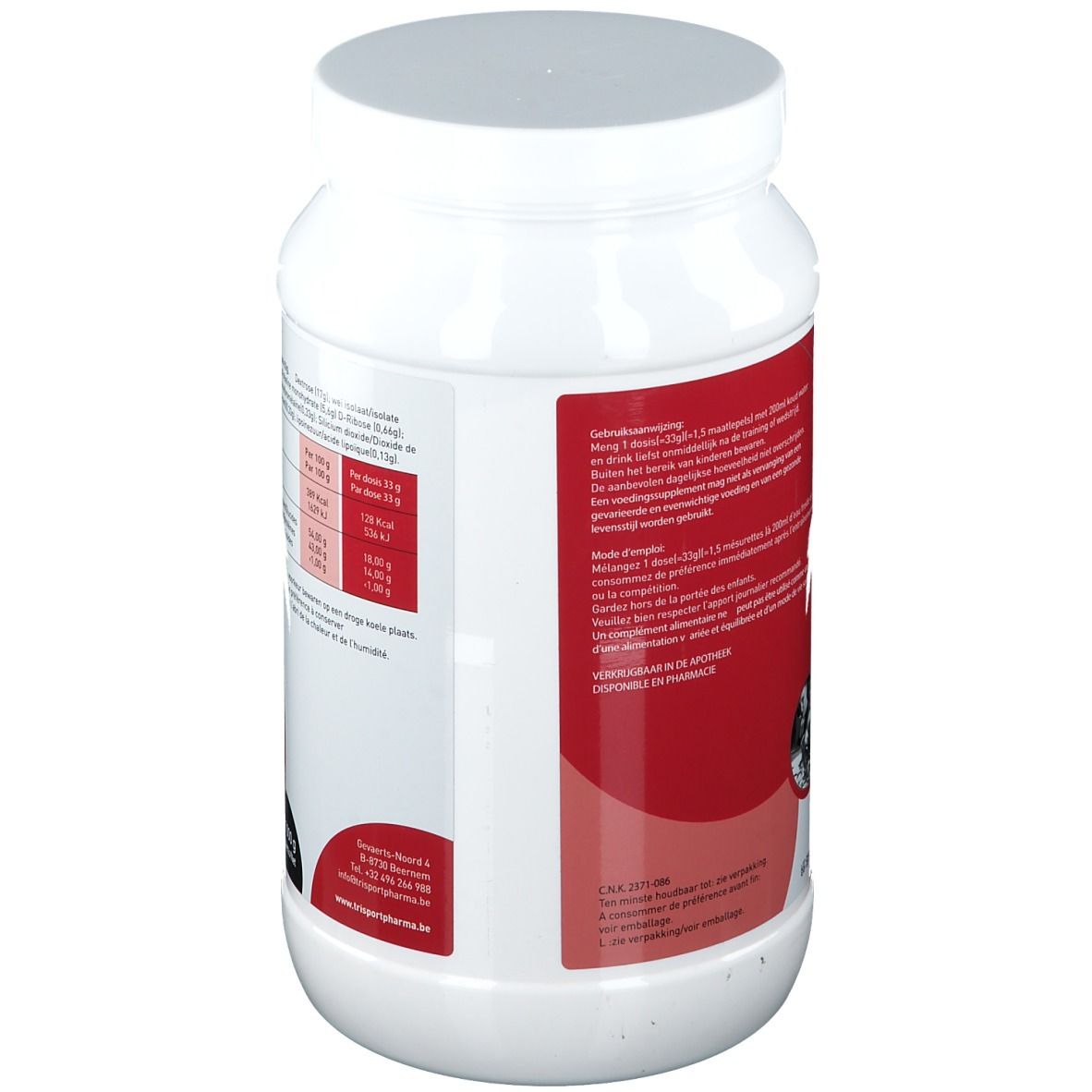 Dos du pot blanc avec Trisport Pharma creabol. Texte avec mode d'emploi. Accent rouge.