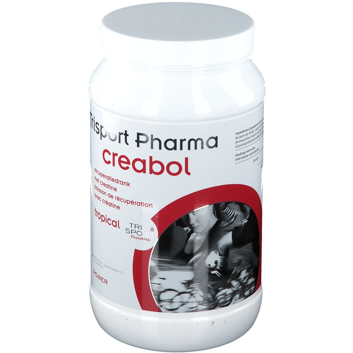 Poudre blanche Trisport Pharma creabol en pot. Accent rouge avec image. Texte: recuperatiedrank, met creatine, tropical.