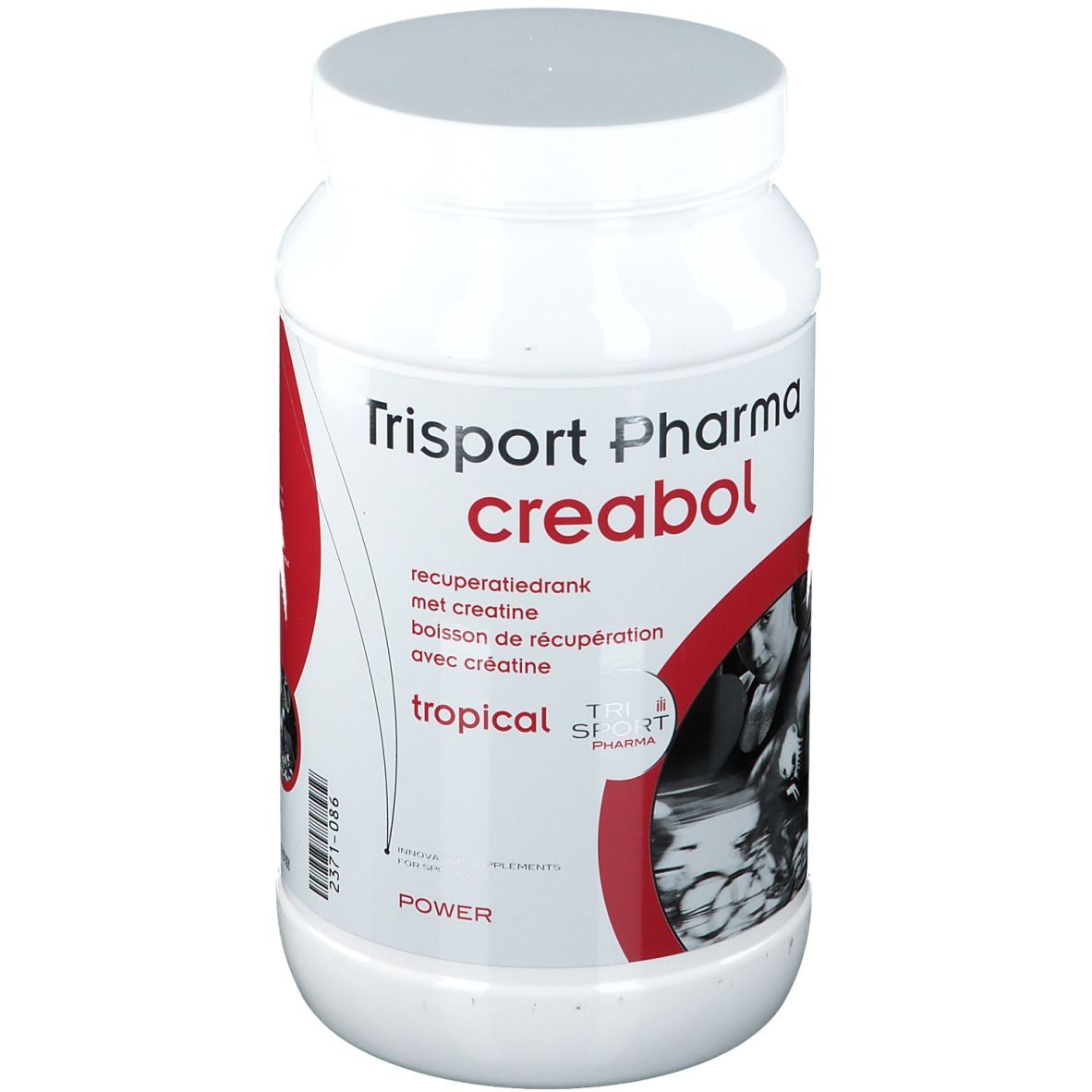 Poudre blanche Trisport Pharma creabol en pot. Accent rouge avec image. Texte: recuperatiedrank, met creatine, tropical.