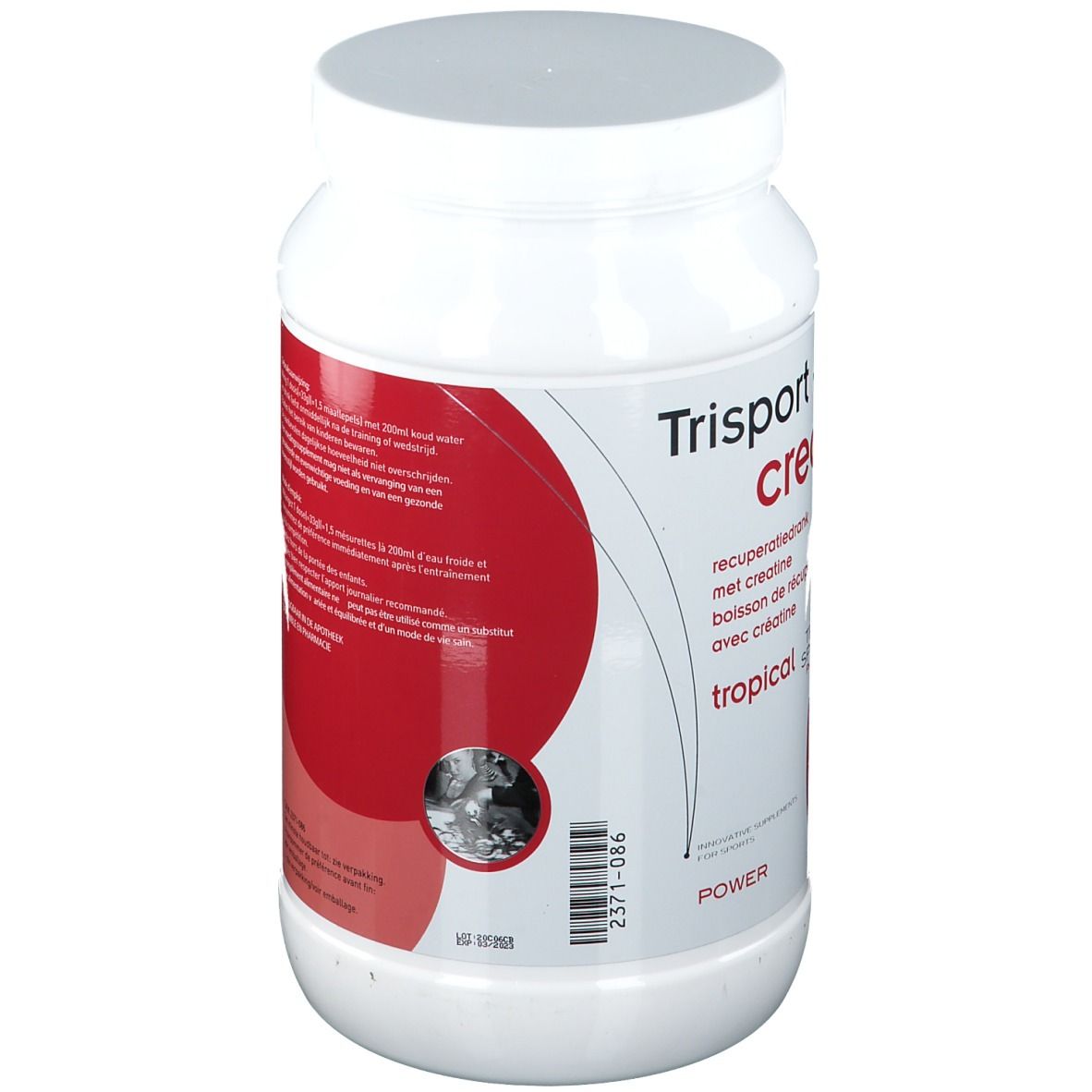Dos du pot blanc avec Trisport Pharma creabol. Texte avec mode d'emploi. Accent rouge.