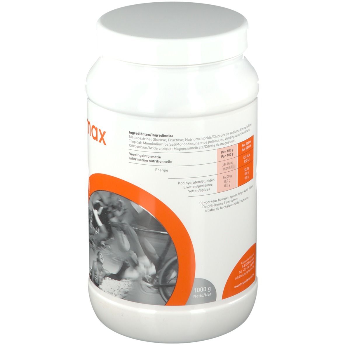 Récipient blanc. Liste des ingrédients et informations nutritionnelles. Inscription "1000 g". Fond orange.
