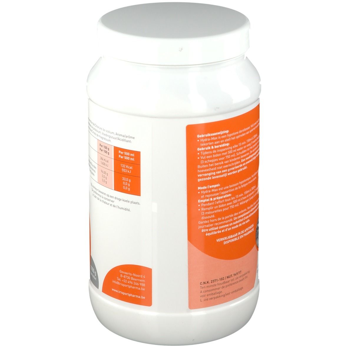 Récipient blanc. Dos avec texte et fond orange. Informations d'utilisation.