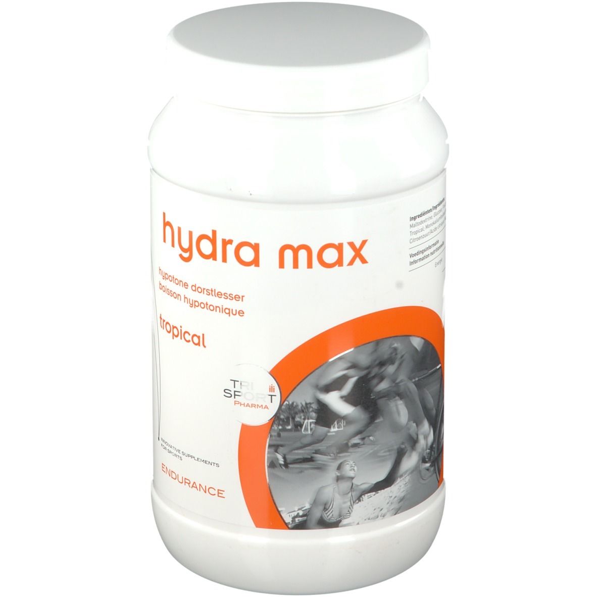 Récipient blanc avec bouchon à vis. Inscription "hydra max" et "tropical". Logo Tri Sport Pharma. Accents orange.