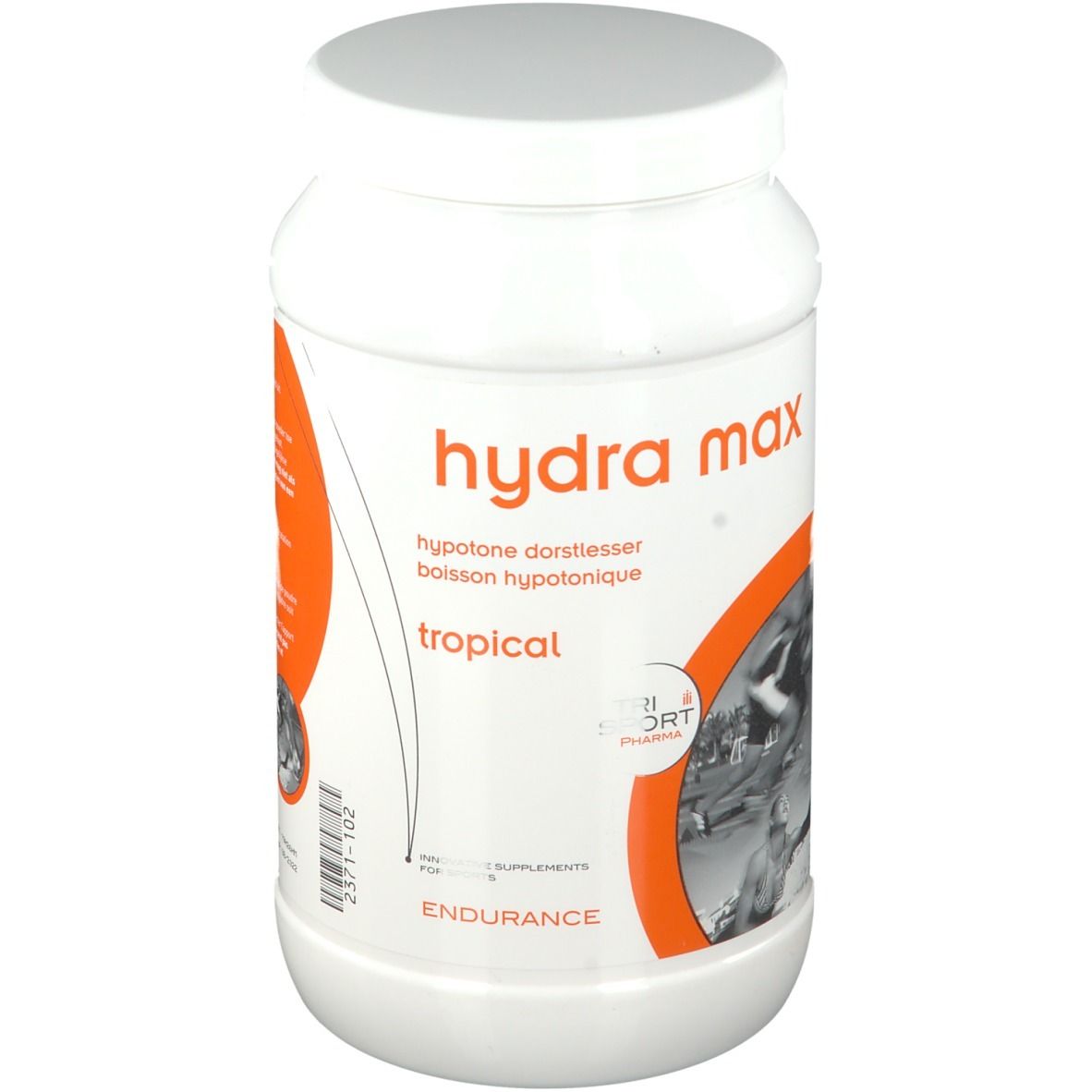 Récipient blanc avec bouchon à vis. Inscription "hydra max" et "tropical". Logo Tri Sport Pharma. Accents orange.