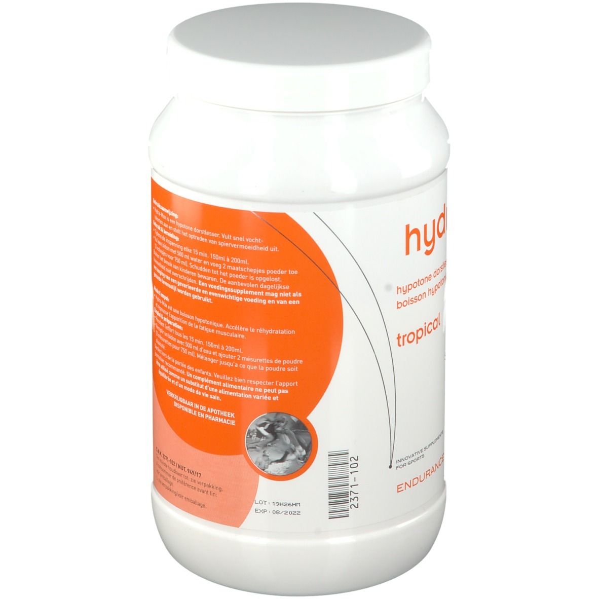 Récipient blanc. Dos avec texte et fond orange. Informations d'utilisation.