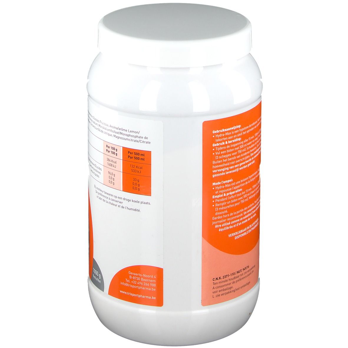 Weißer Behälter mit Deckel. Rückseite mit Nährwertangaben und Text. Orangefarbener Hintergrund. Marke: TRI SPORT Pharma.