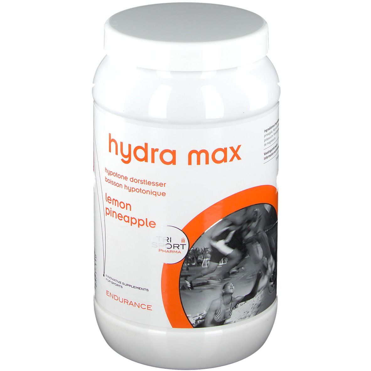 Weißer Kunststoff-Behälter mit Deckel. Aufschrift: hydra max, Zitrone-Ananas. Marke: TRI SPORT Pharma. Orangefarbene Akzente.