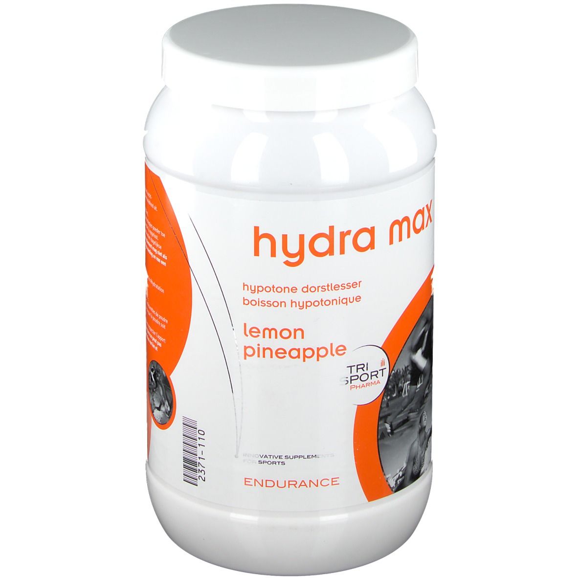 Weißer Kunststoff-Behälter mit Deckel. Aufschrift: hydra max, Zitrone-Ananas. Marke: TRI SPORT Pharma. Orangefarbene Akzente.