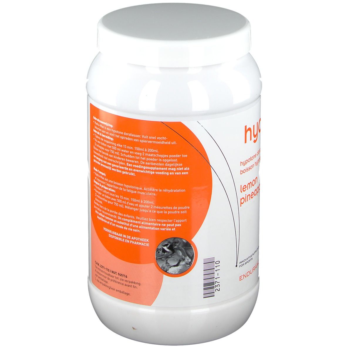 Weißer Behälter mit Deckel. Rückseite mit Text und Informationen. Orangefarbener Hintergrund. Marke: TRI SPORT Pharma.