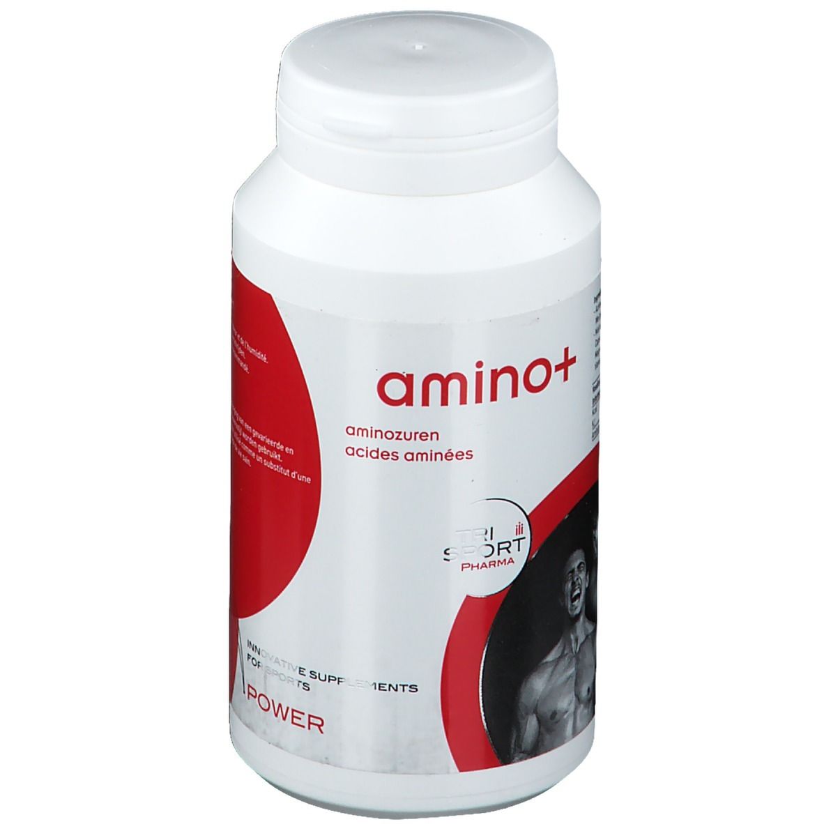 Flacon blanc avec étiquette rouge. Inscription "amino+" et "Tri Sport Pharma". Image d'un homme.