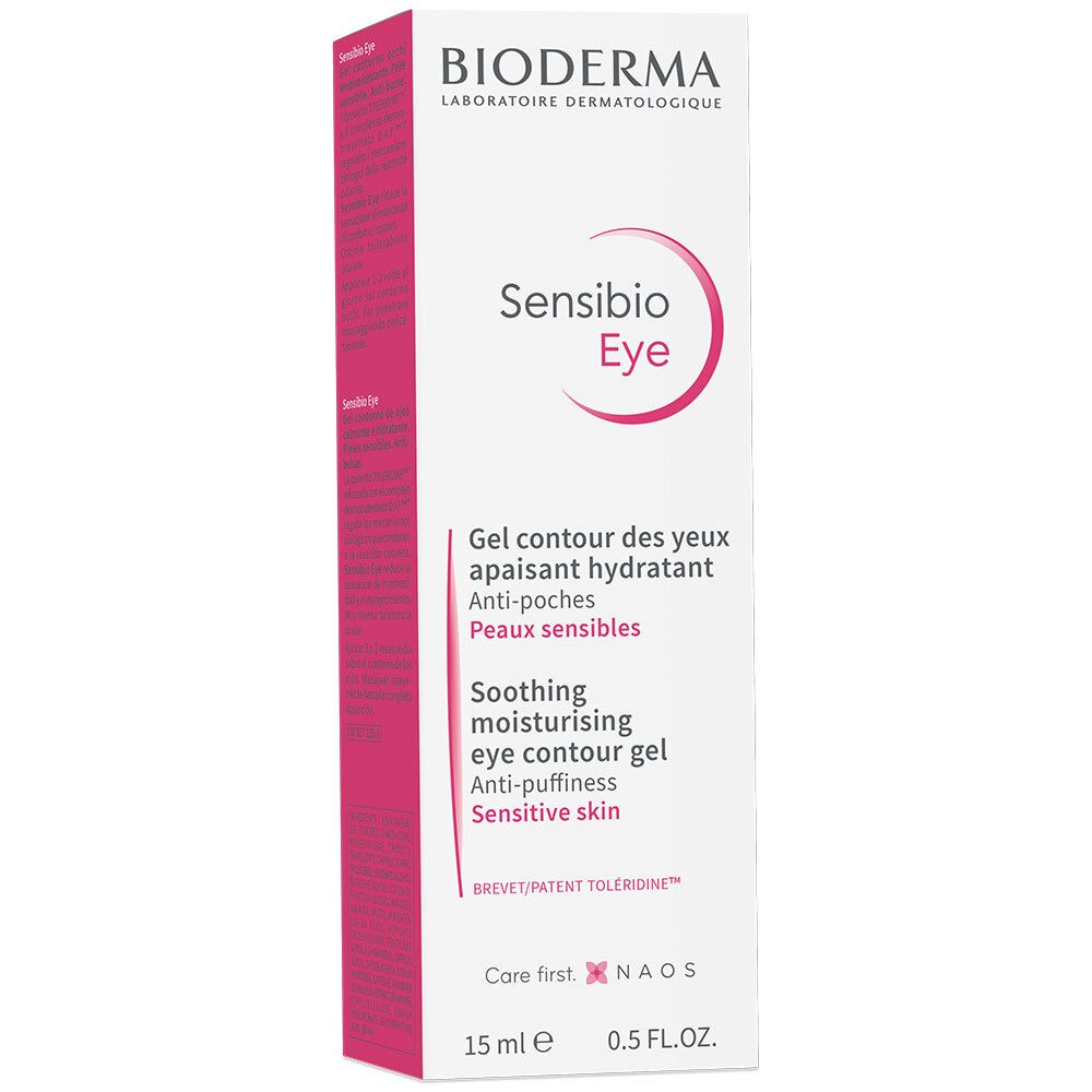 Emballage BIODERMA Sensibio Eye. Rose et blanc. Texte: Gel, Anti-poches, Peaux sensibles. 15 ml.