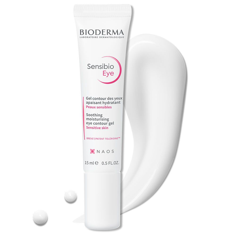 Tube BIODERMA Sensibio Eye avec crème. Tube blanc, texte rose. 15 ml. Pour peaux sensibles.