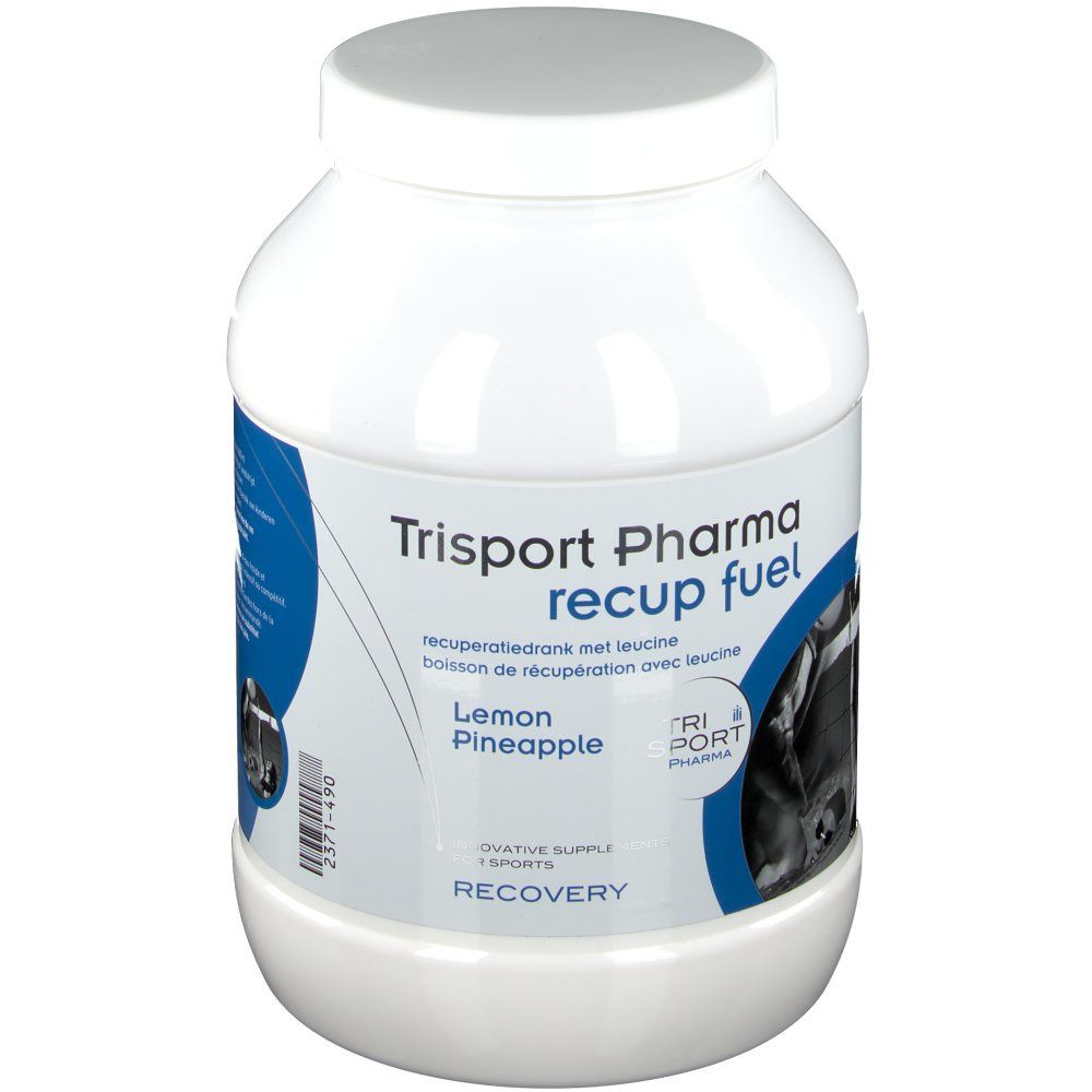 Weißes, zylindrisches Produktgehäuse mit Schraubverschluss. Aufschrift: Trisport Pharma recup fuel, Zitrone-Ananas, Tri Sport.
