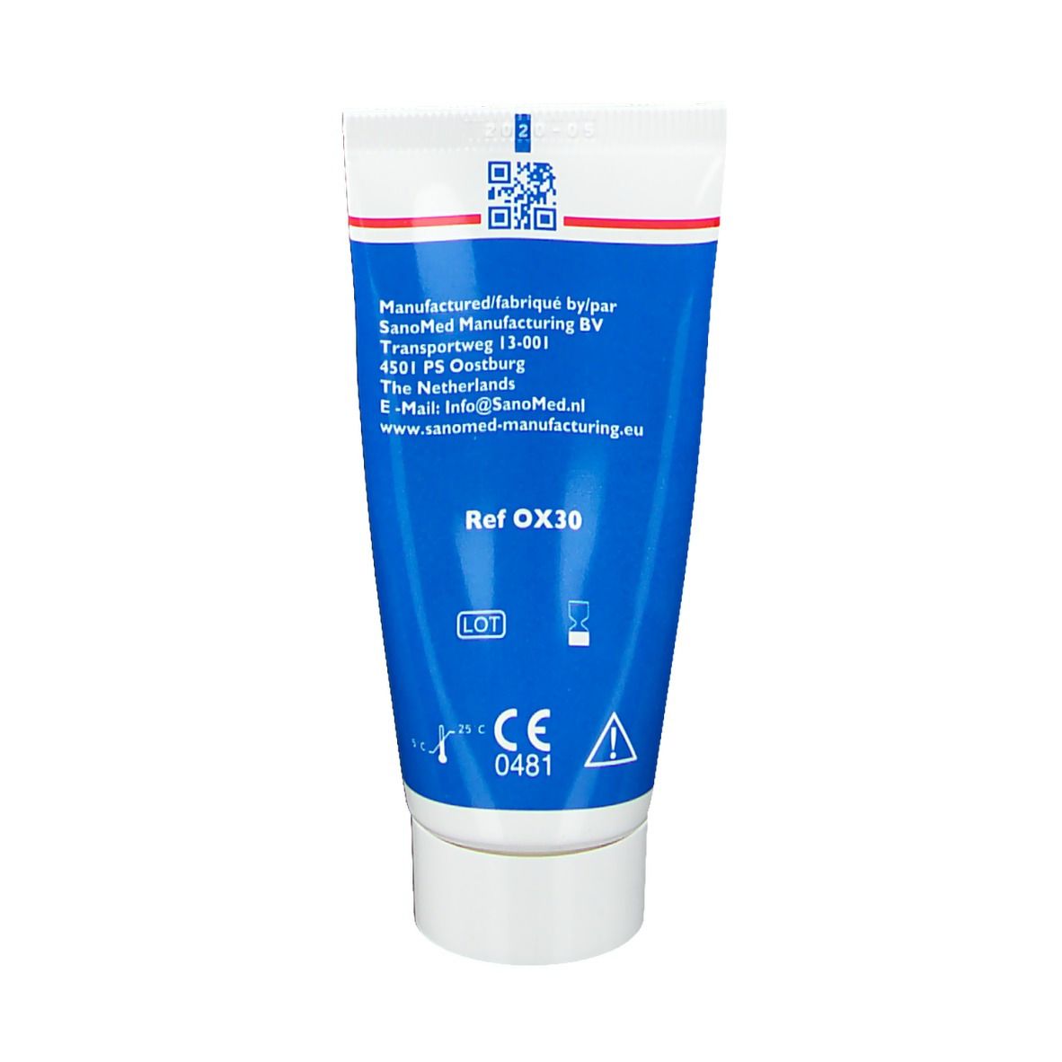 Dos du tube SanoSkin-OXY. Informations fabricant, code QR, marquage CE.