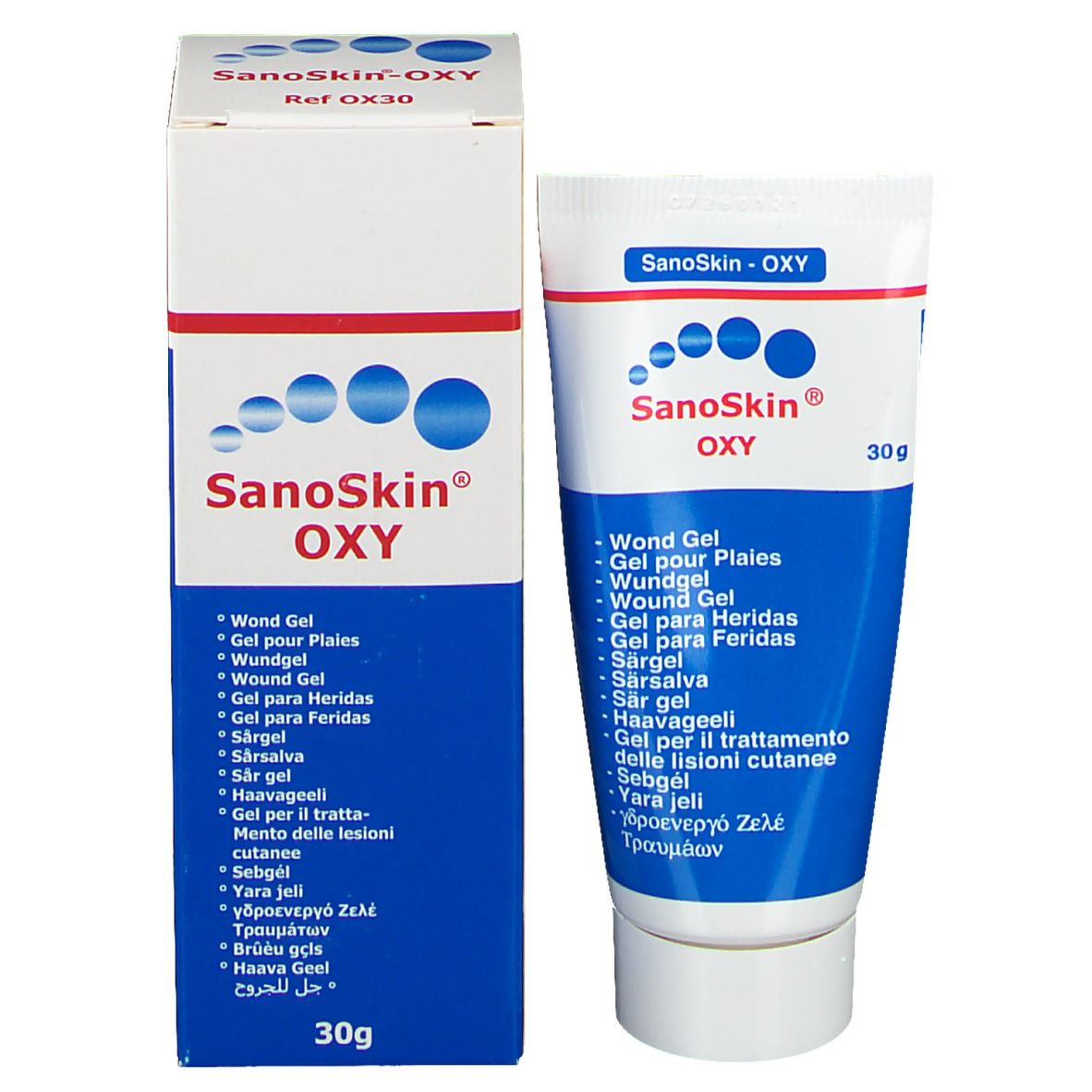 Tube et boîte SanoSkin-OXY. Inscription: Gel pour Plaies. 30g. Boîte avec nom du produit.