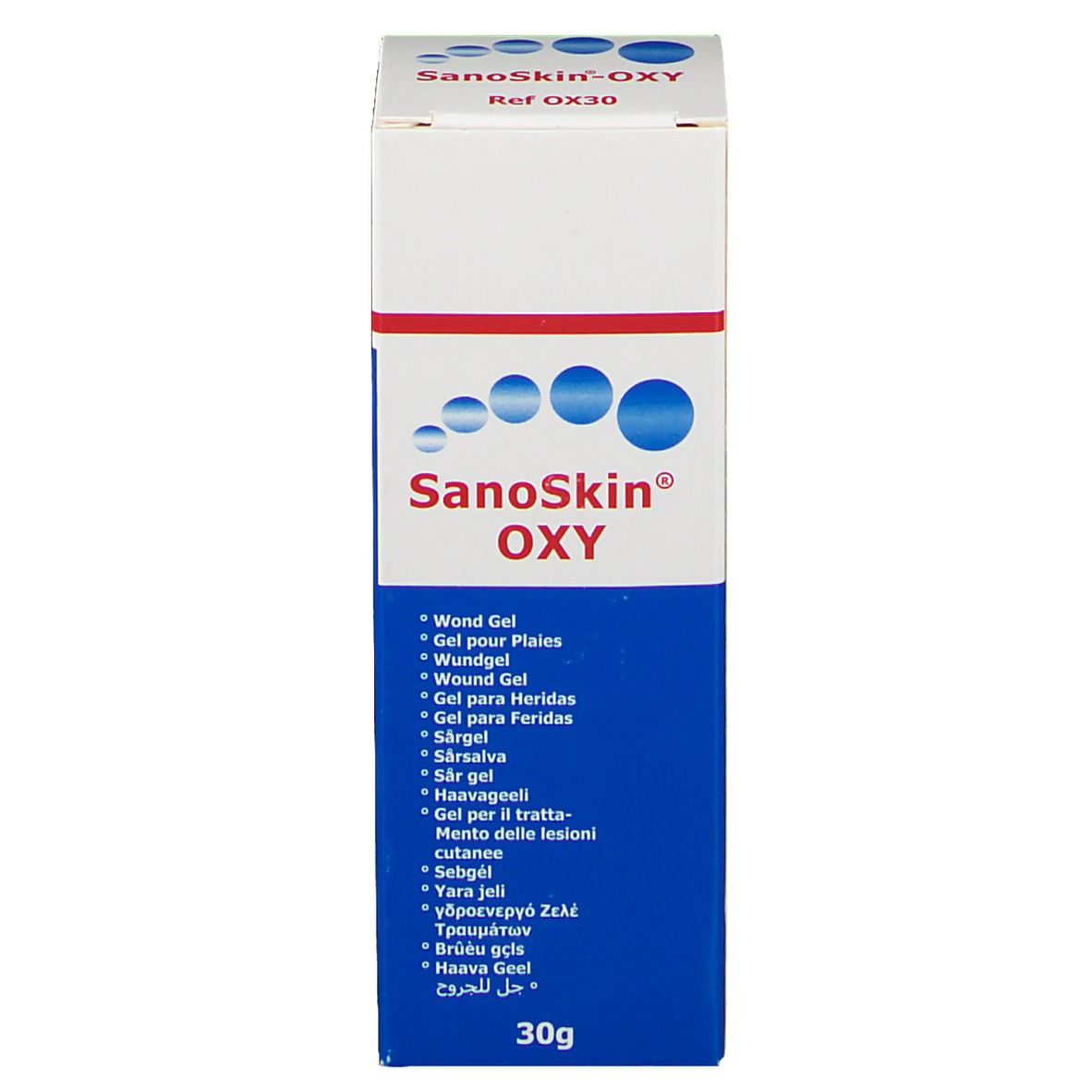 Boîte SanoSkin-OXY. Inscription: Gel pour Plaies. 30g. Nom du produit et design bleu.