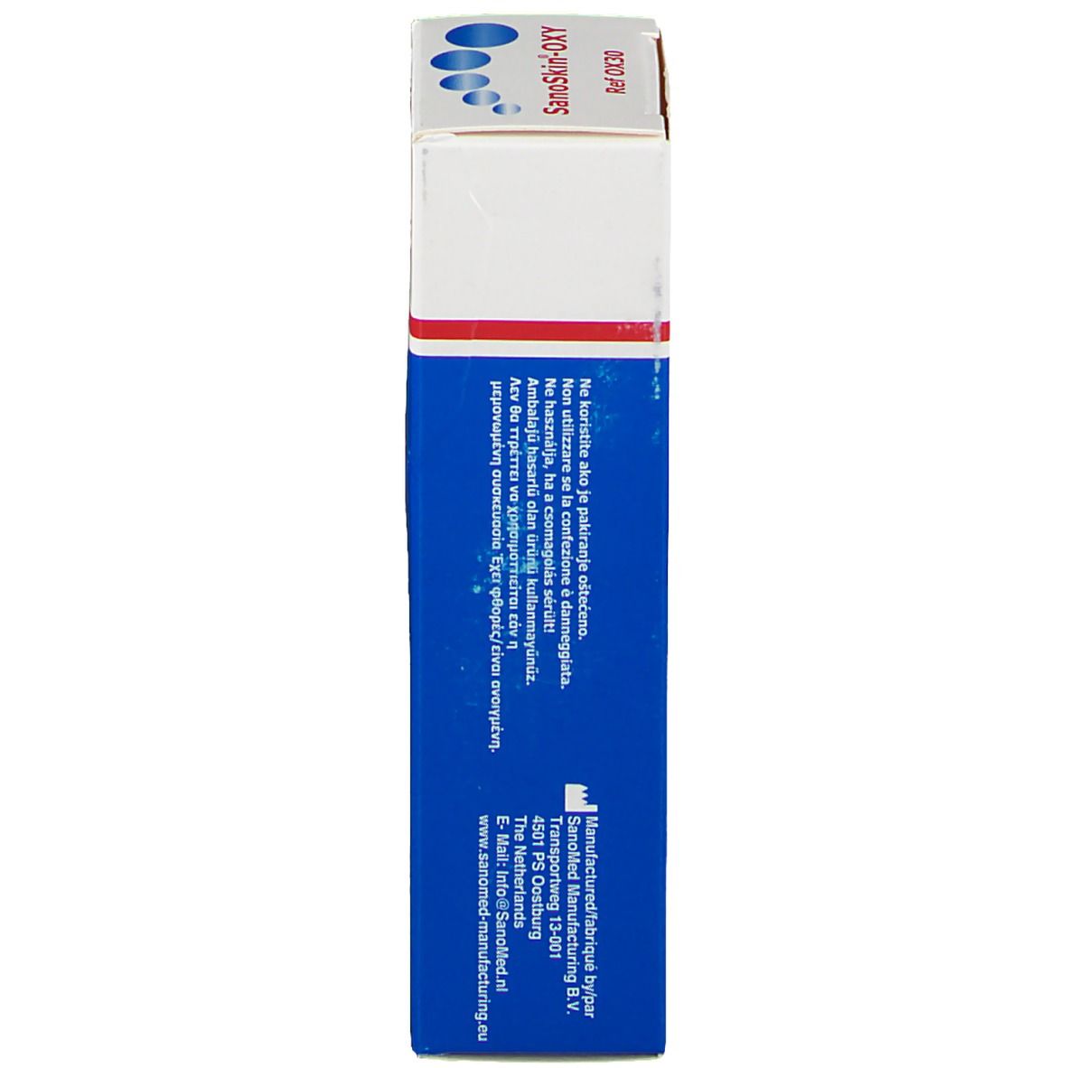 Boîte SanoSkin-OXY, vue latérale. Informations fabricant, code QR, marquage CE.